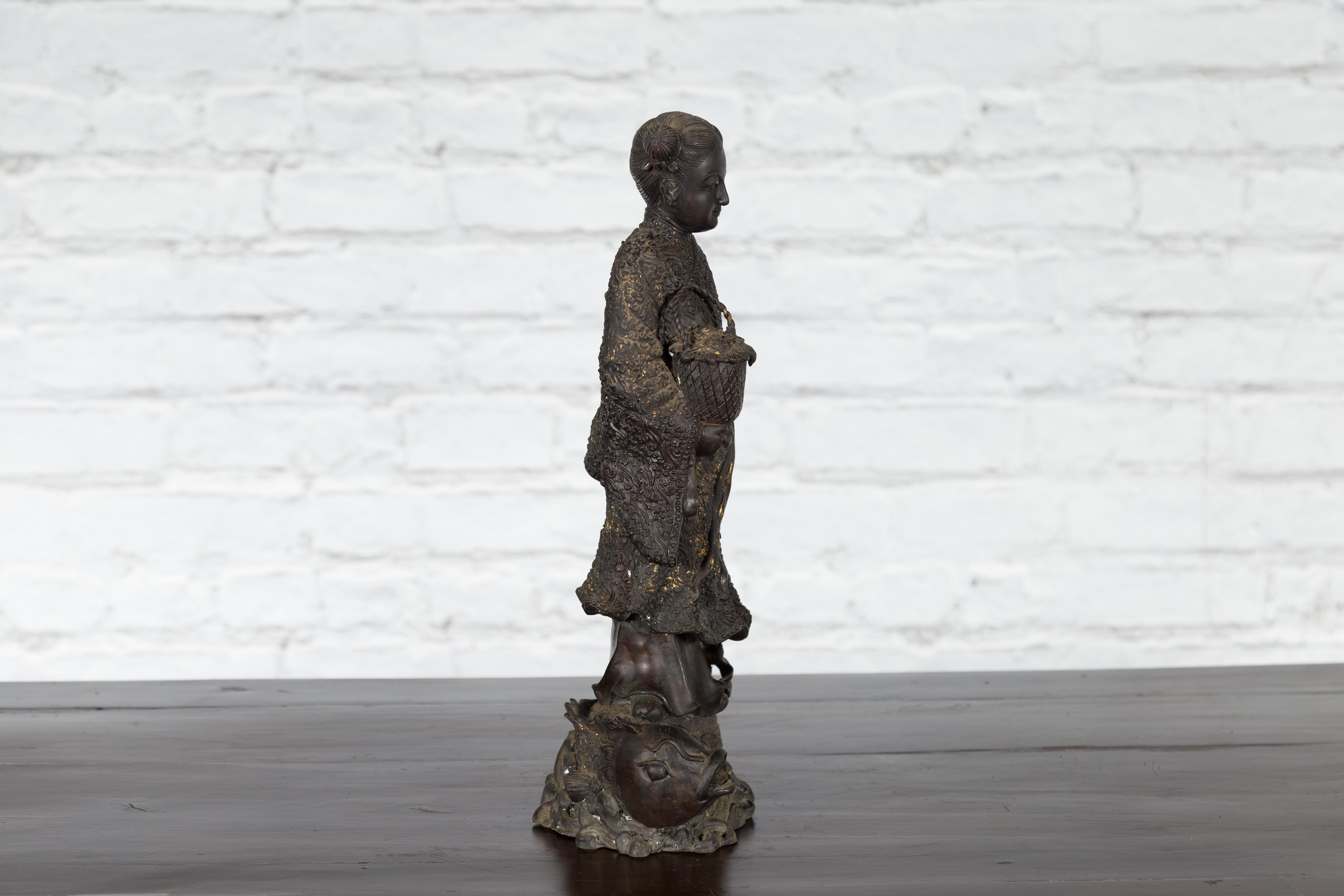 Lost Wax Cast Bronze Statue of a Young Japanese Maiden Standing on a Fish Base For Sale 7