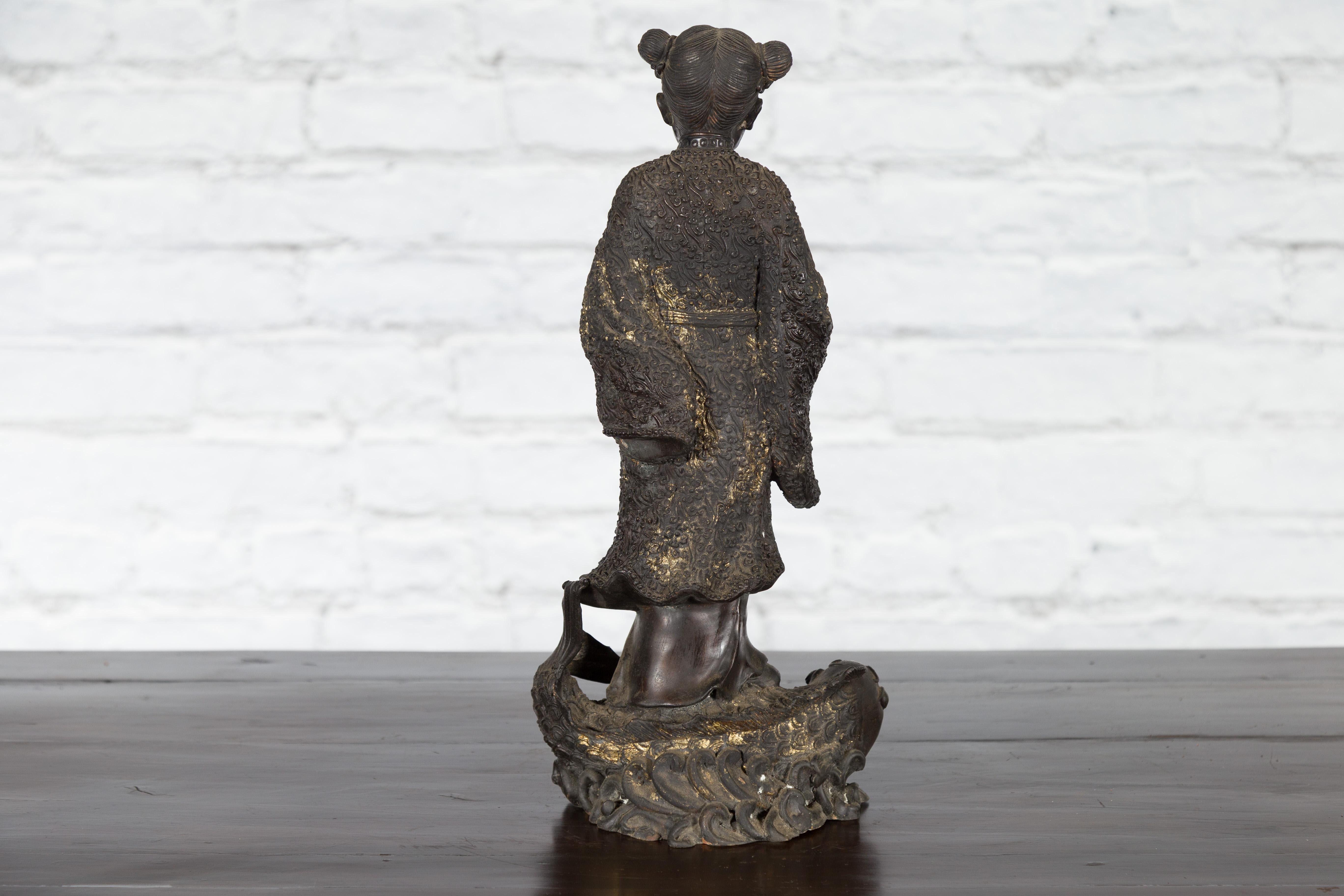 Lost Wax Cast Bronze Statue of a Young Japanese Maiden Standing on a Fish Base For Sale 8
