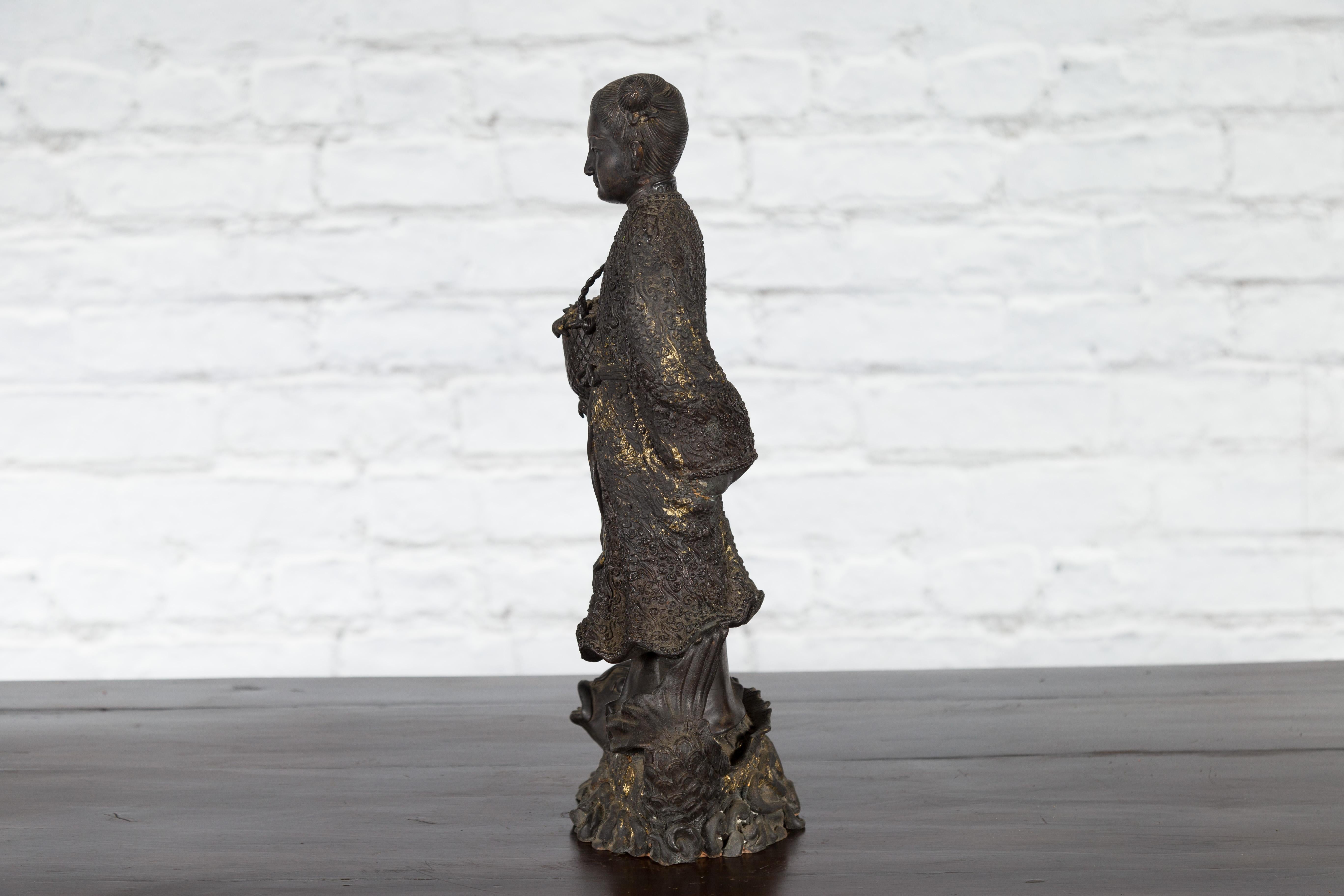 Lost Wax Cast Bronze Statue of a Young Japanese Maiden Standing on a Fish Base For Sale 9