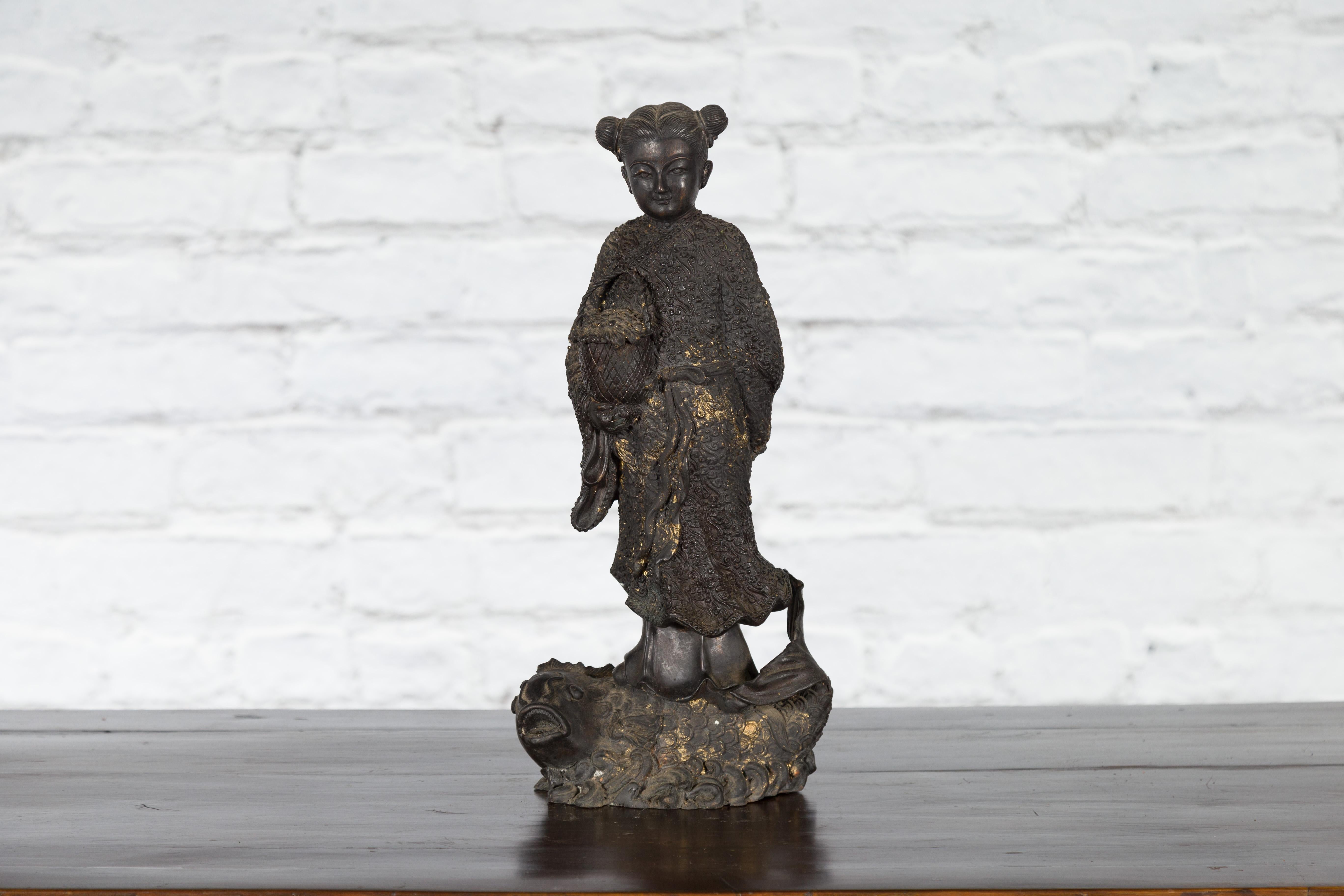 Lost Wax Cast Bronze Statue of a Young Japanese Maiden Standing on a Fish Base In Good Condition For Sale In Yonkers, NY