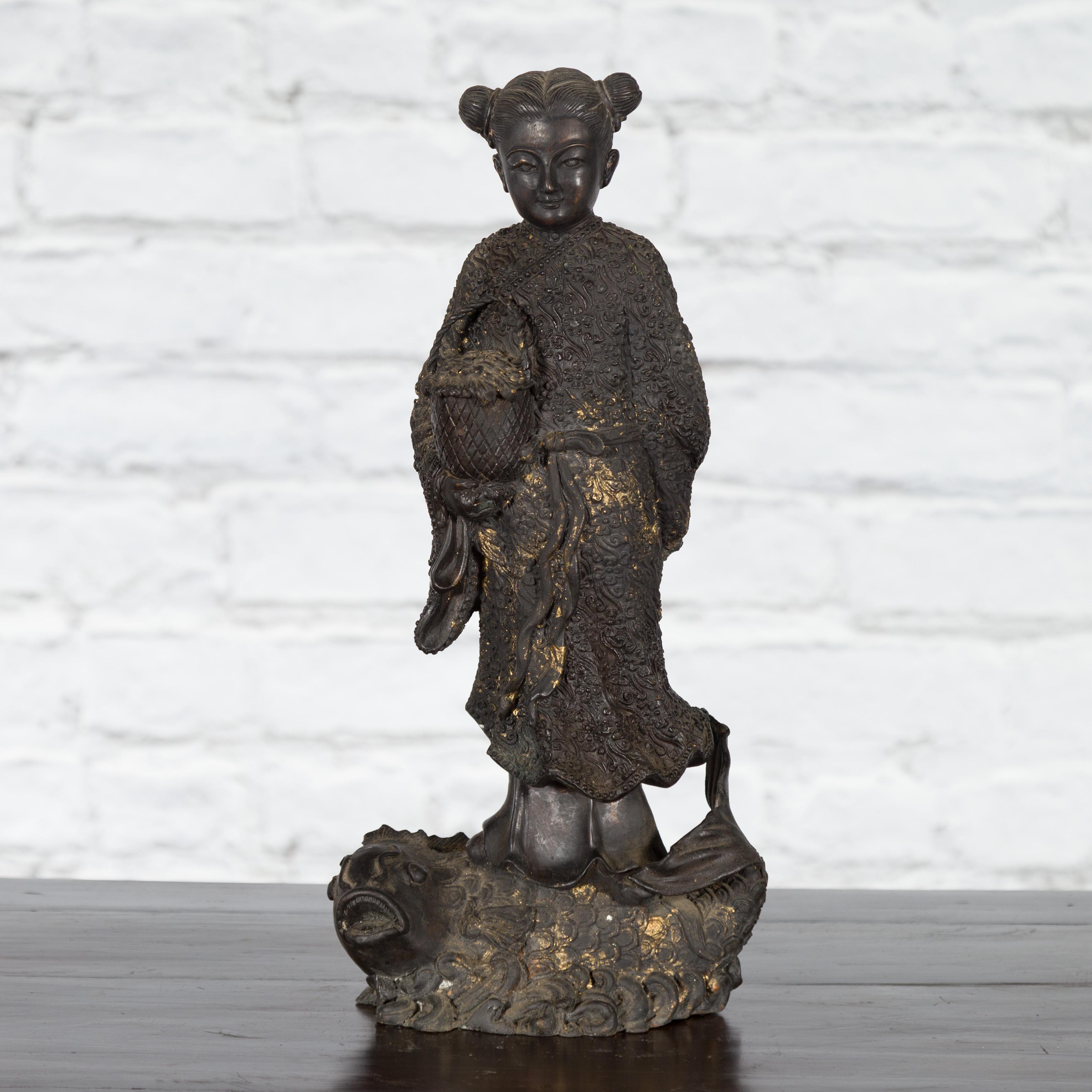 20th Century Lost Wax Cast Bronze Statue of a Young Japanese Maiden Standing on a Fish Base For Sale