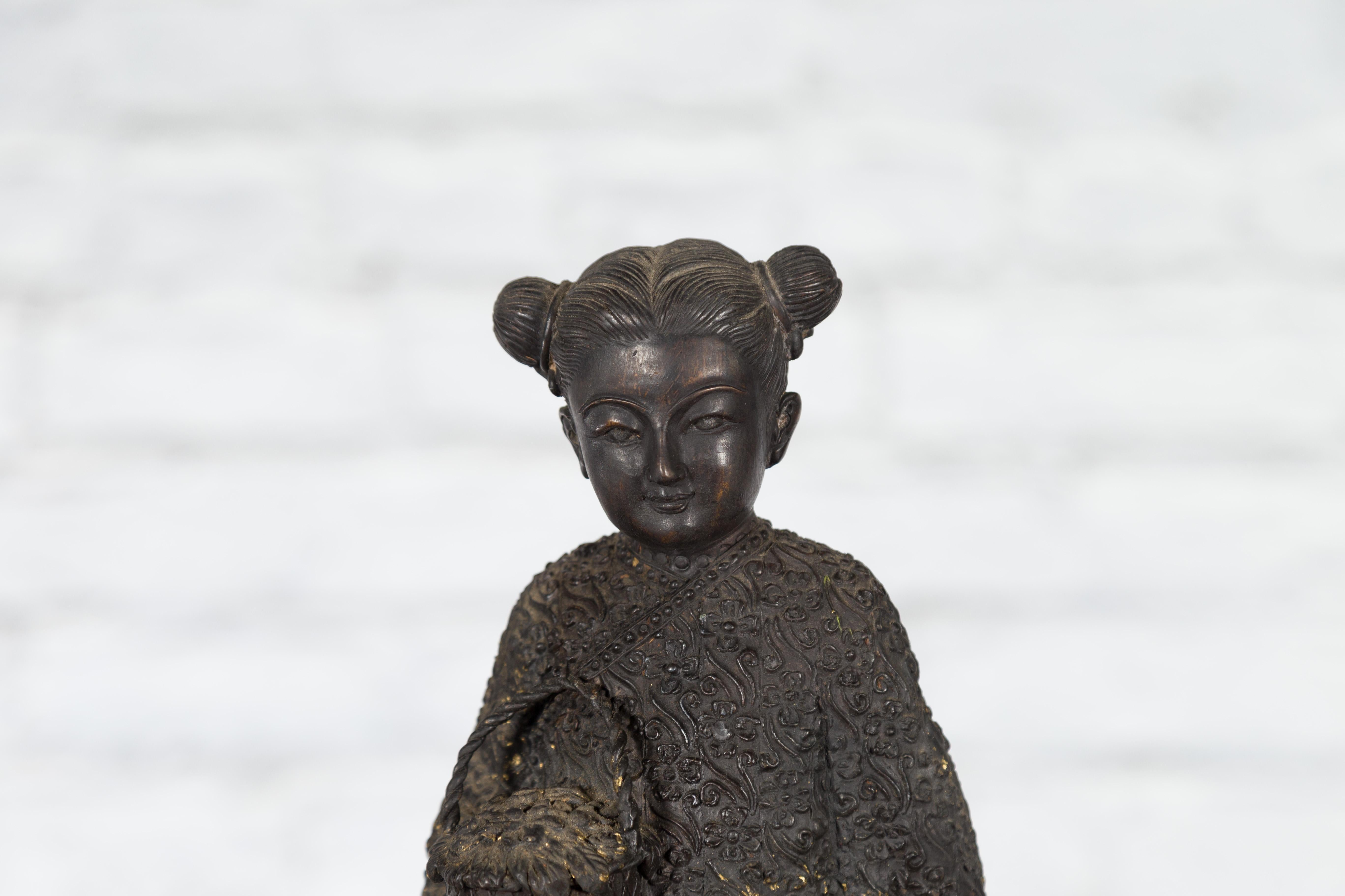 Lost Wax Cast Bronze Statue of a Young Japanese Maiden Standing on a Fish Base For Sale 1