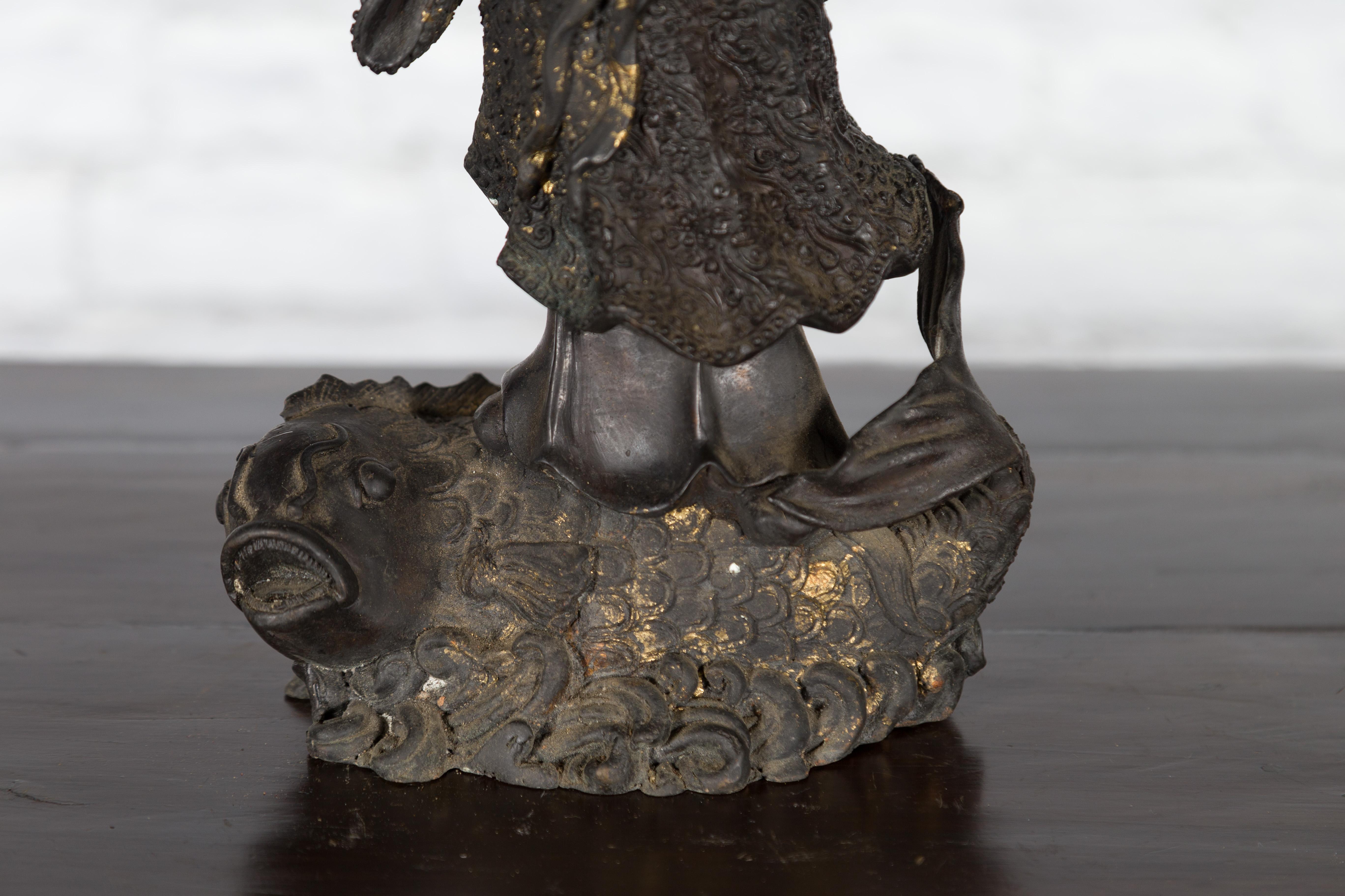 Lost Wax Cast Bronze Statue of a Young Japanese Maiden Standing on a Fish Base For Sale 3