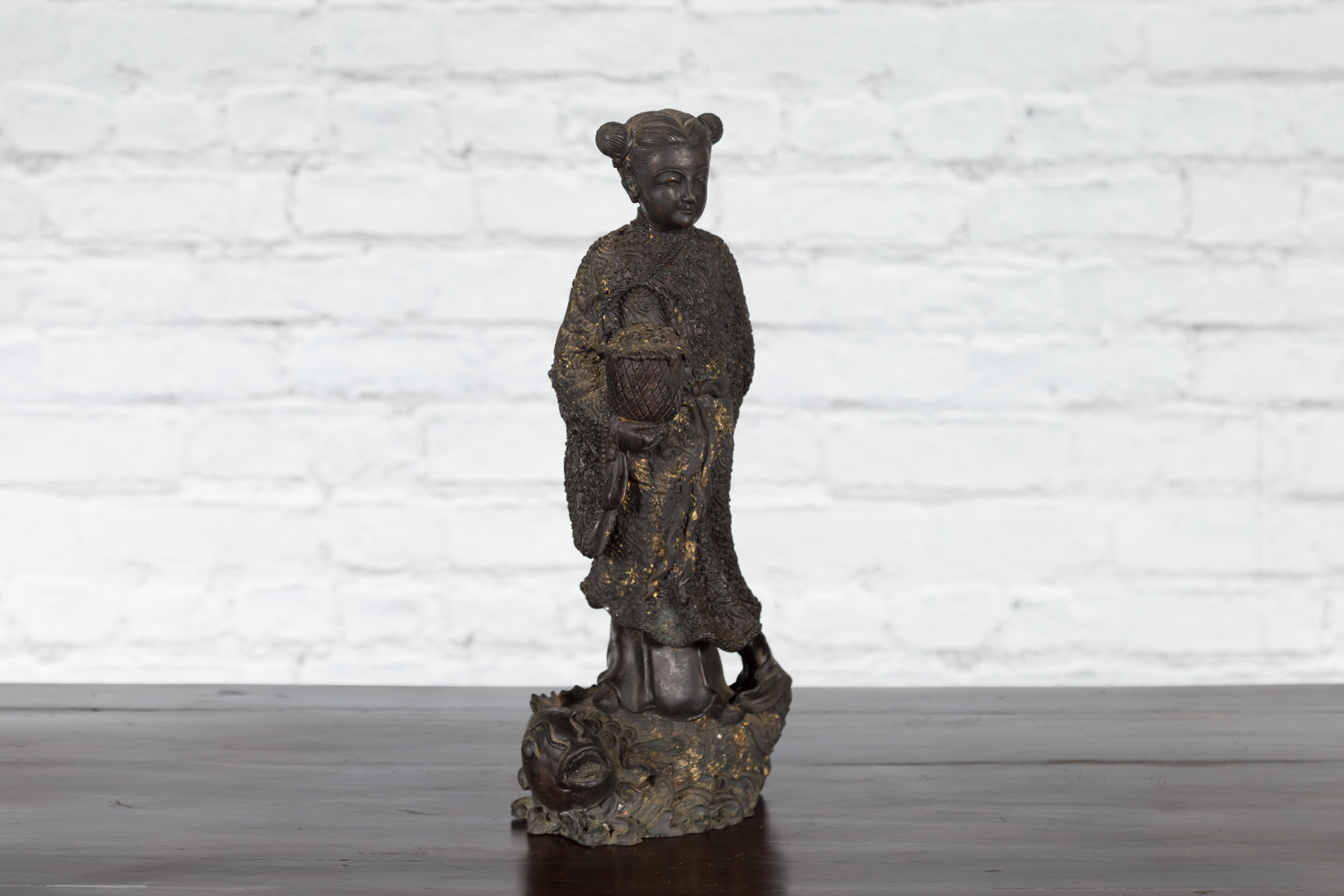 Lost Wax Cast Bronze Statue of a Young Japanese Maiden Standing on a Fish Base For Sale 5