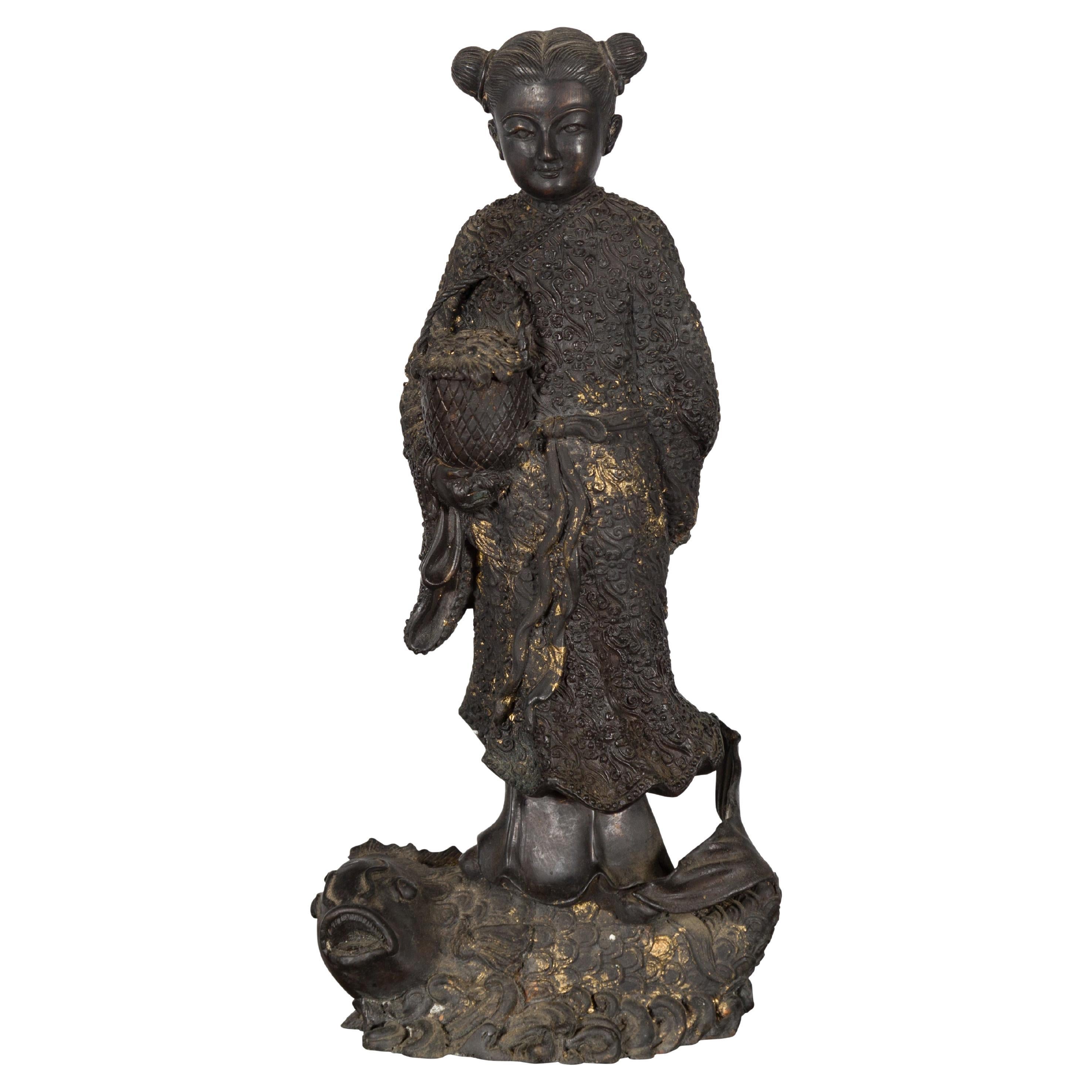 Lost Wax Cast Bronze Statue of a Young Japanese Maiden Standing on a Fish Base For Sale