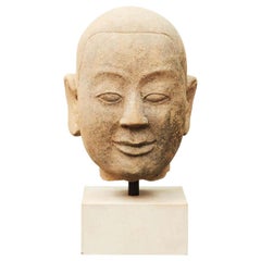 Lot: Burmese Temple Buddha Head in Sandstone and Red Lacquer Cabinet from Shanxi