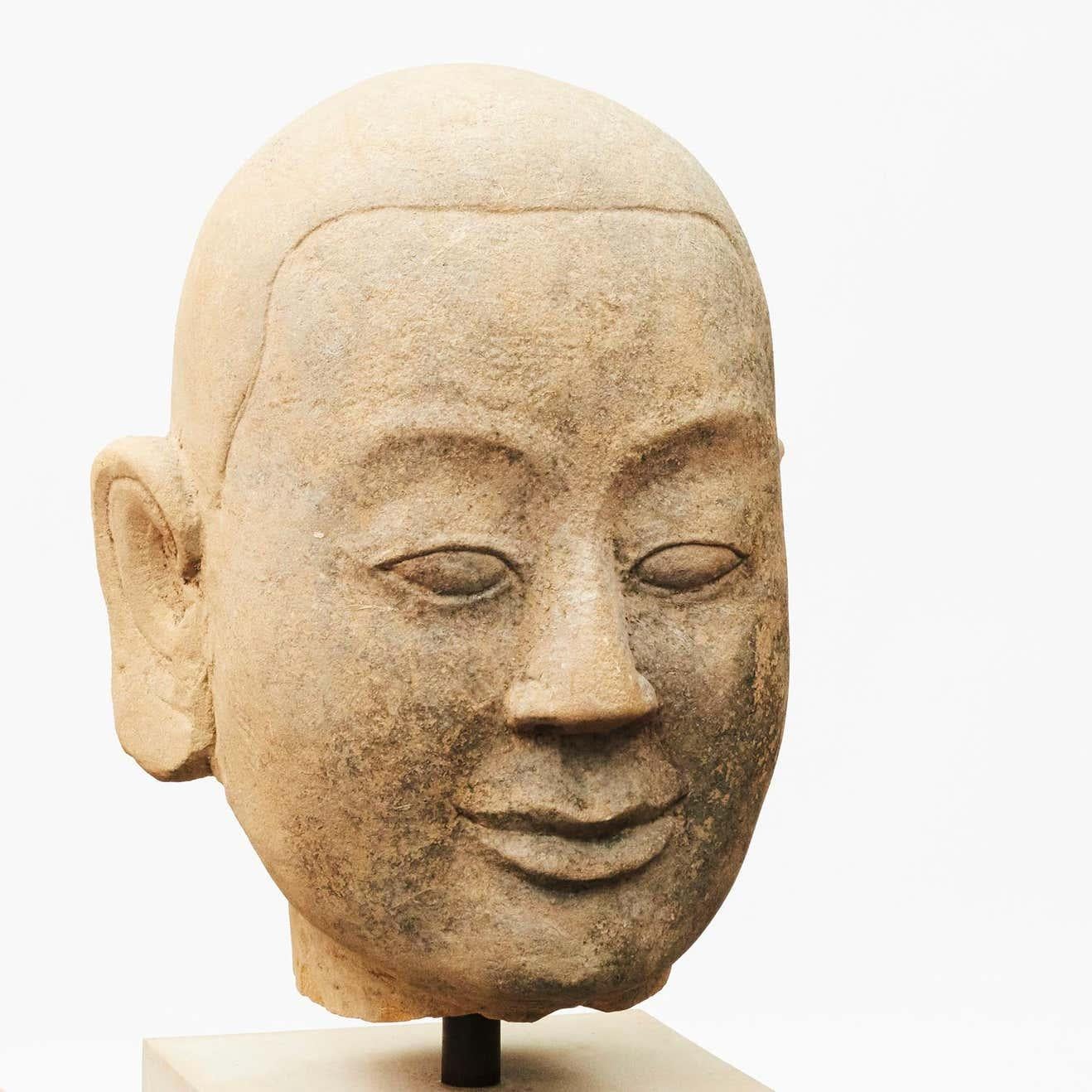 Other Lot: Burmese Temple Buddha Head in Sandstone and Red Lacquer Cabinet from Shanxi