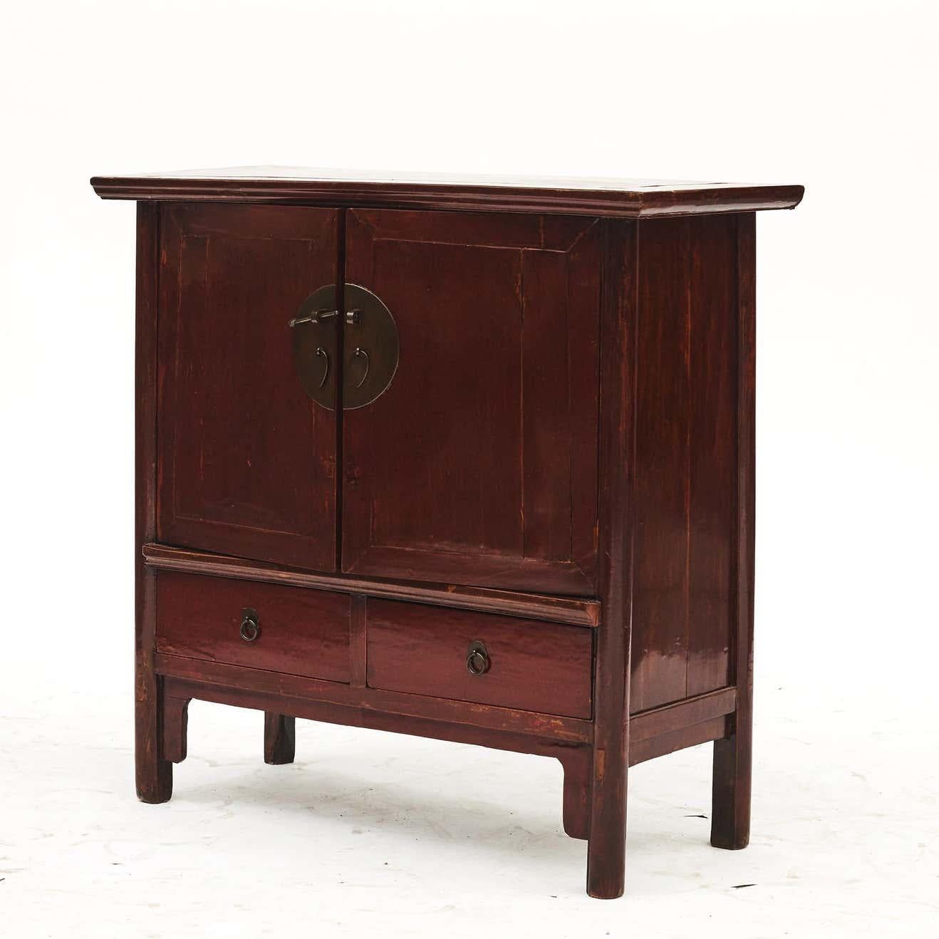 19th Century Lot: Burmese Temple Buddha Head in Sandstone and Red Lacquer Cabinet from Shanxi