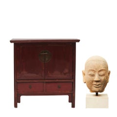 Lot: Burmese Temple Buddha Head in Sandstone and Red Lacquer Cabinet from Shanxi