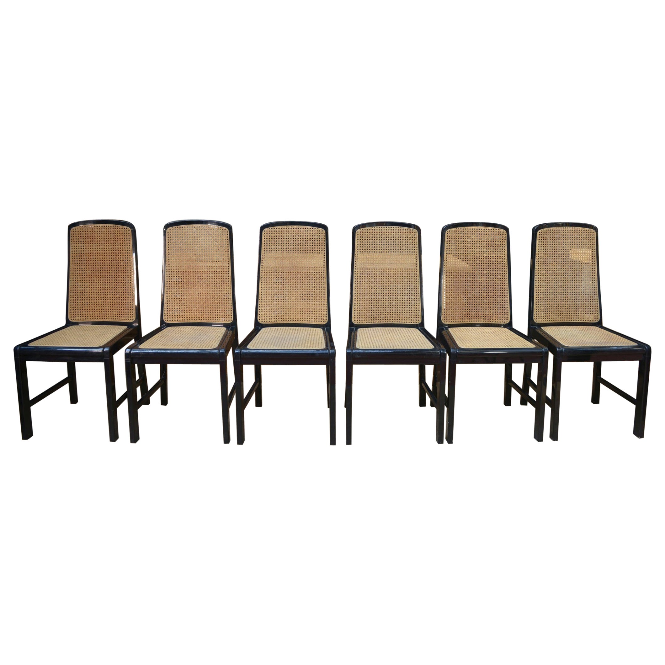 Lot de 6 chaises cannées Vintage en bois laqué noir d'origine 1970