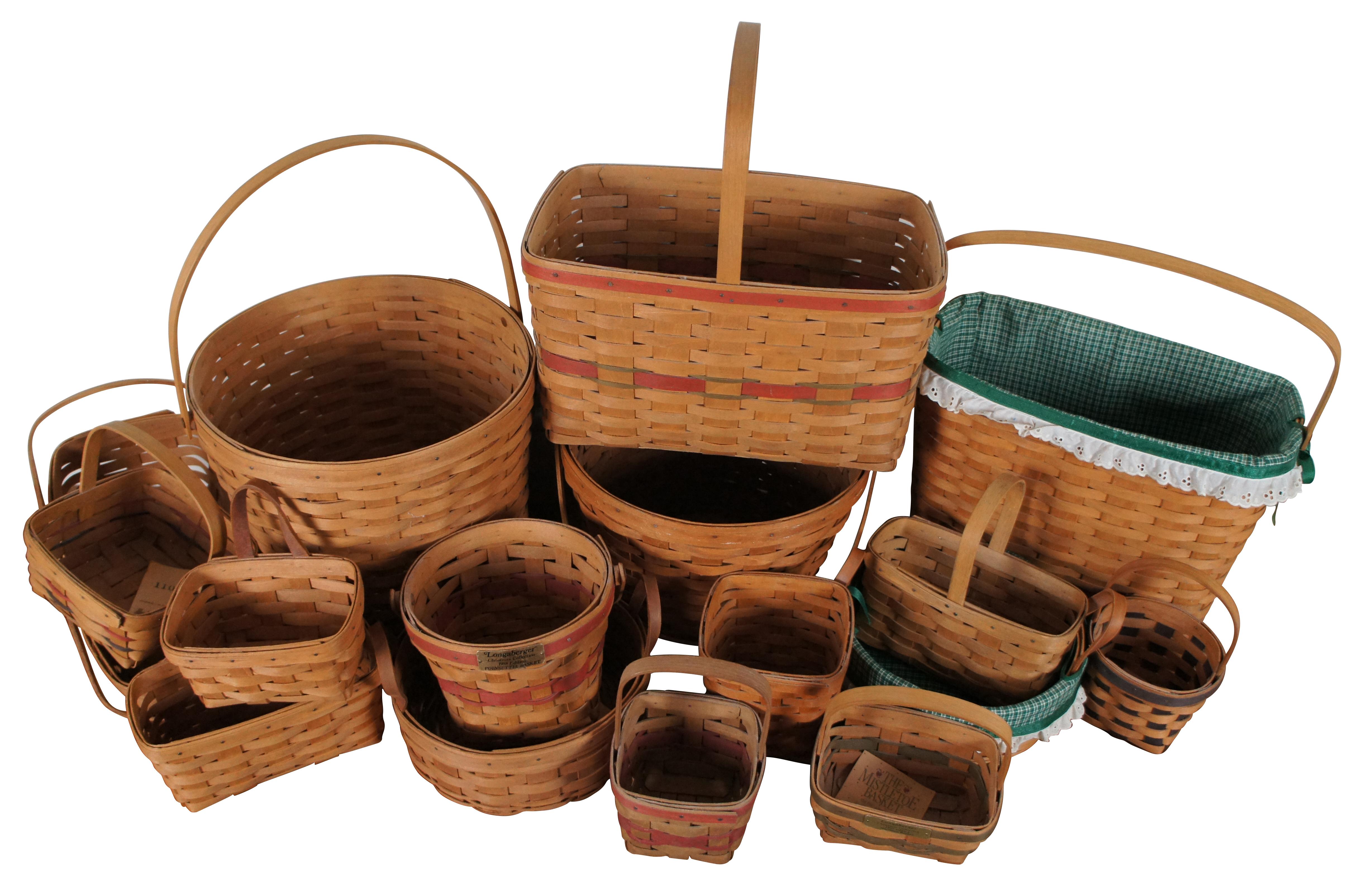 Lot of 16 vintage signed 1980’s Longaberger baskets in a variety of sizes and shapes from large bushel baskets to small key baskets. Some still with tags including: 3800-ABS Resolution basket, 600-ARGS large market basket, 10000-O basket, 5500-J