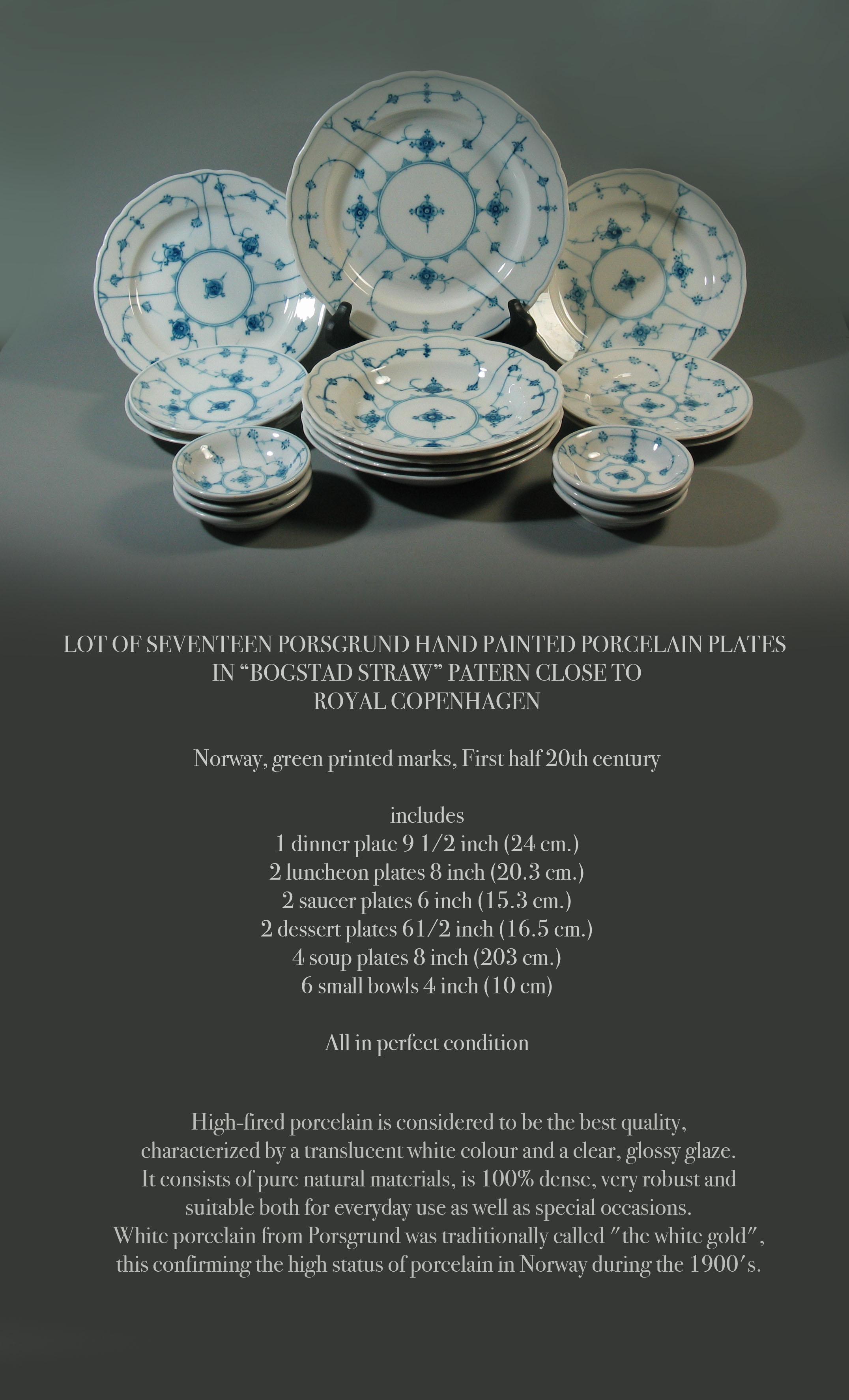 20th Century Lot of 17 Porsgrund Hand Painted Porcelain Plates in “Bogstad Straw” Pattern