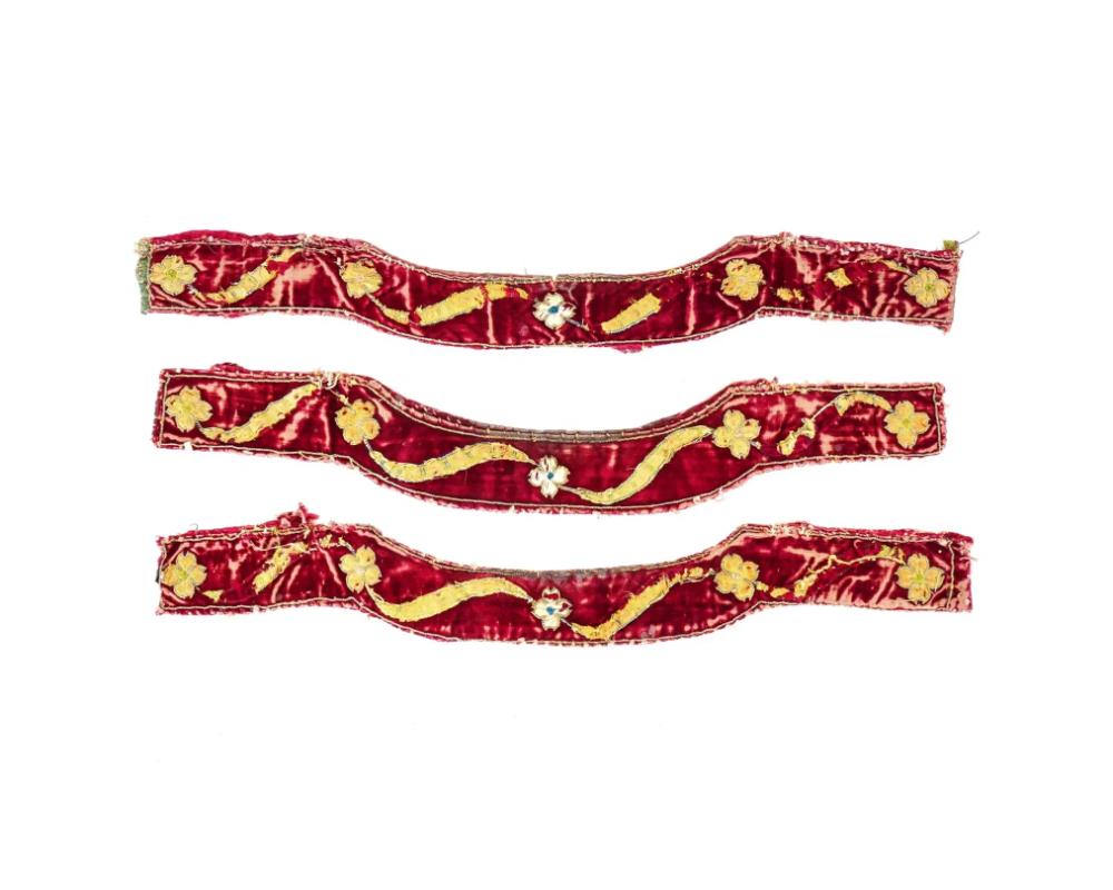 A lot of three antique hand embroidered velvet textile tapes. The textiles are adorned with a hand embroidered garland with flowers design. Circa: late 17th century. Antique European Textiles, Embroidered Tapestry Blankets, Wall Hangings, Home