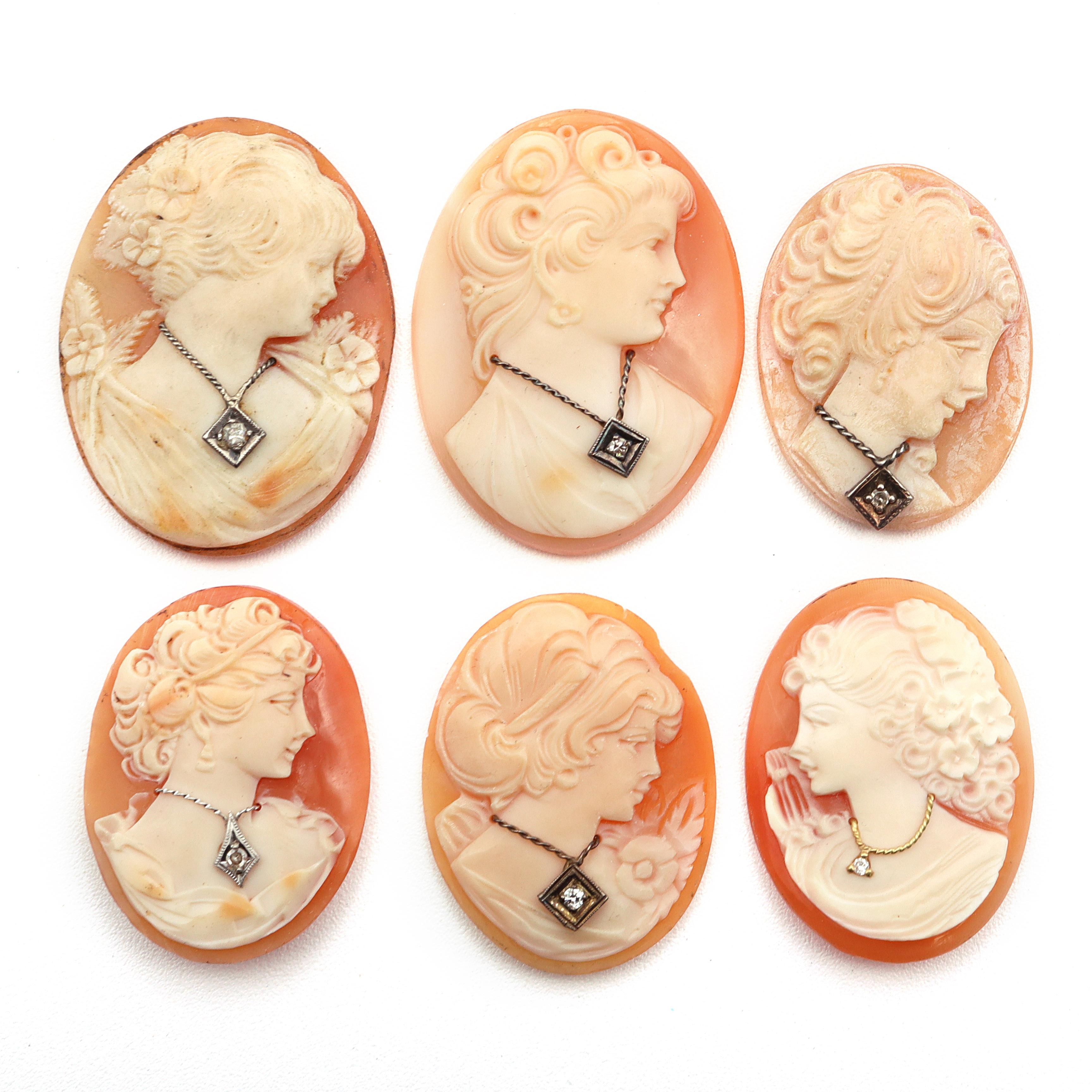 Rough Cut Lot of 18 Antique and Vintage Loose Carved Shell Cameos Approx. 1 Ct. Diamonds