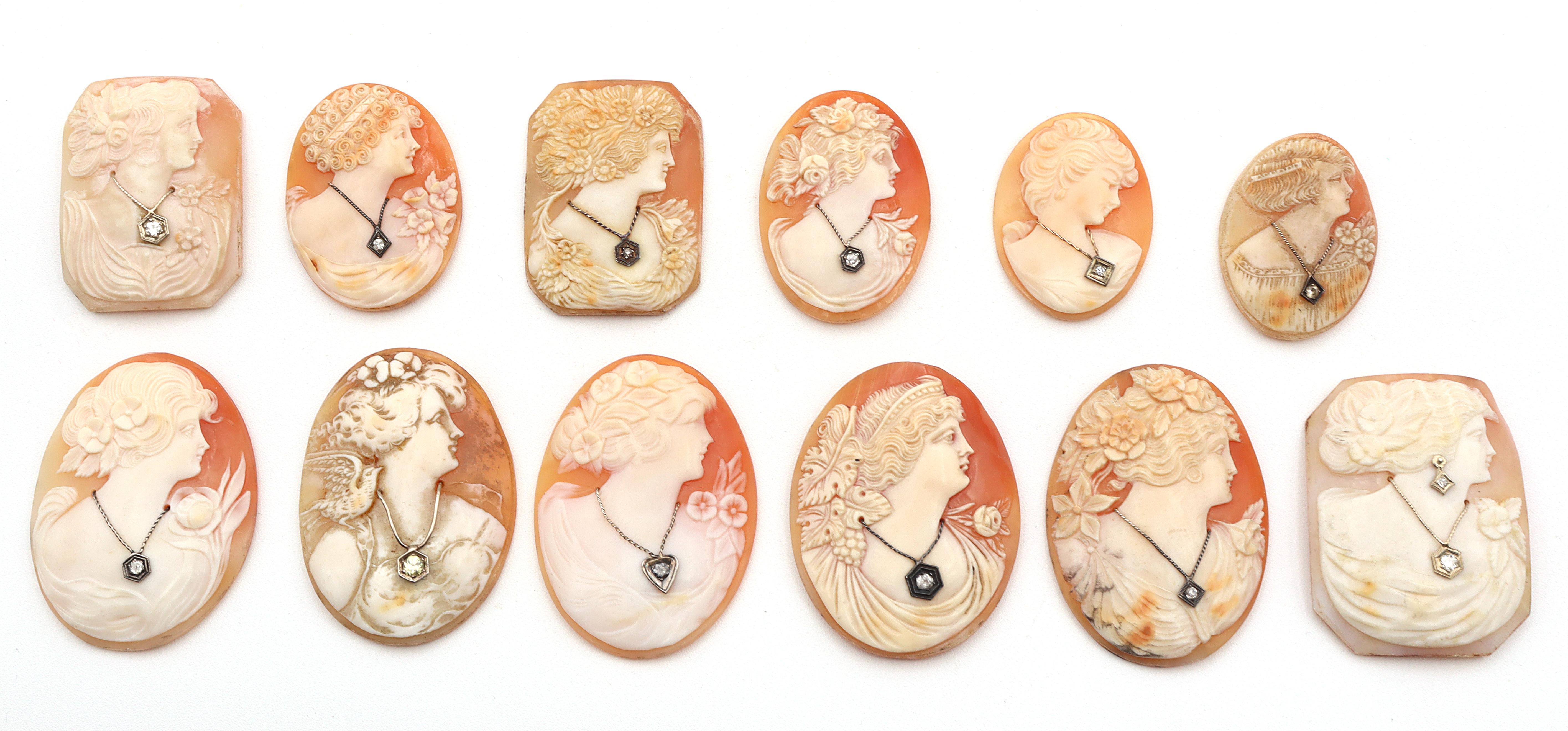Lot of 18 Antique and Vintage Loose Carved Shell Cameos Approx. 1 Ct. Diamonds In Good Condition In New York, NY