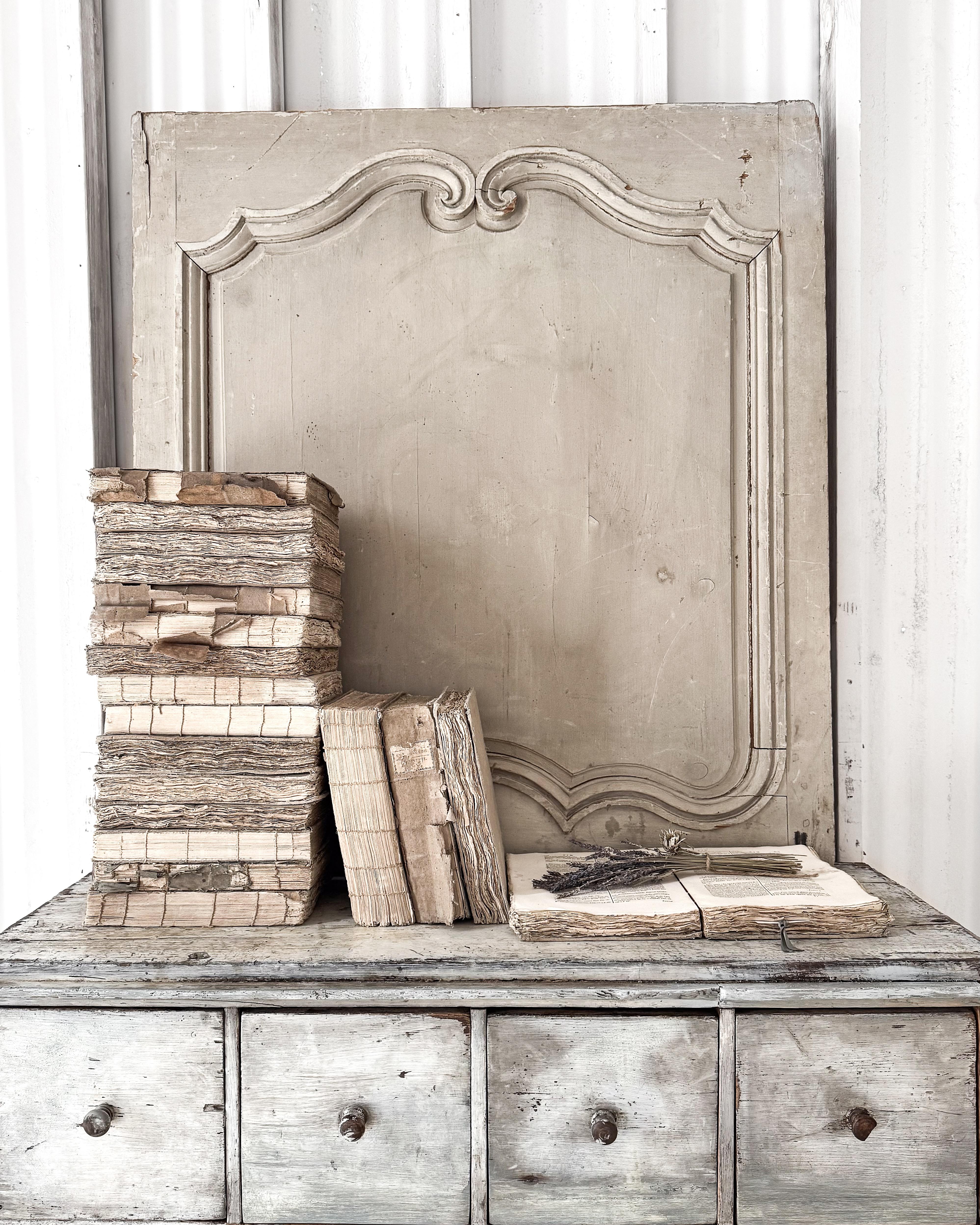 A wonderful collection of antique tattered French books discovered in France, representing The Encyclopédie méthodique par ordre des matières (