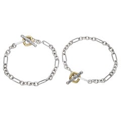 Lot of 2 David Yurman Sterling and 18k Yellow Gold Cable Figaro Link Bracelets