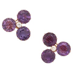 Lot of 2 Matching Antique Amethyst Clover Brooches w/ European Diamond Accents