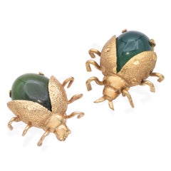 Lot of 2 Vintage 14K Yellow Gold Jade and Chalcedony Lady Bug Brooches