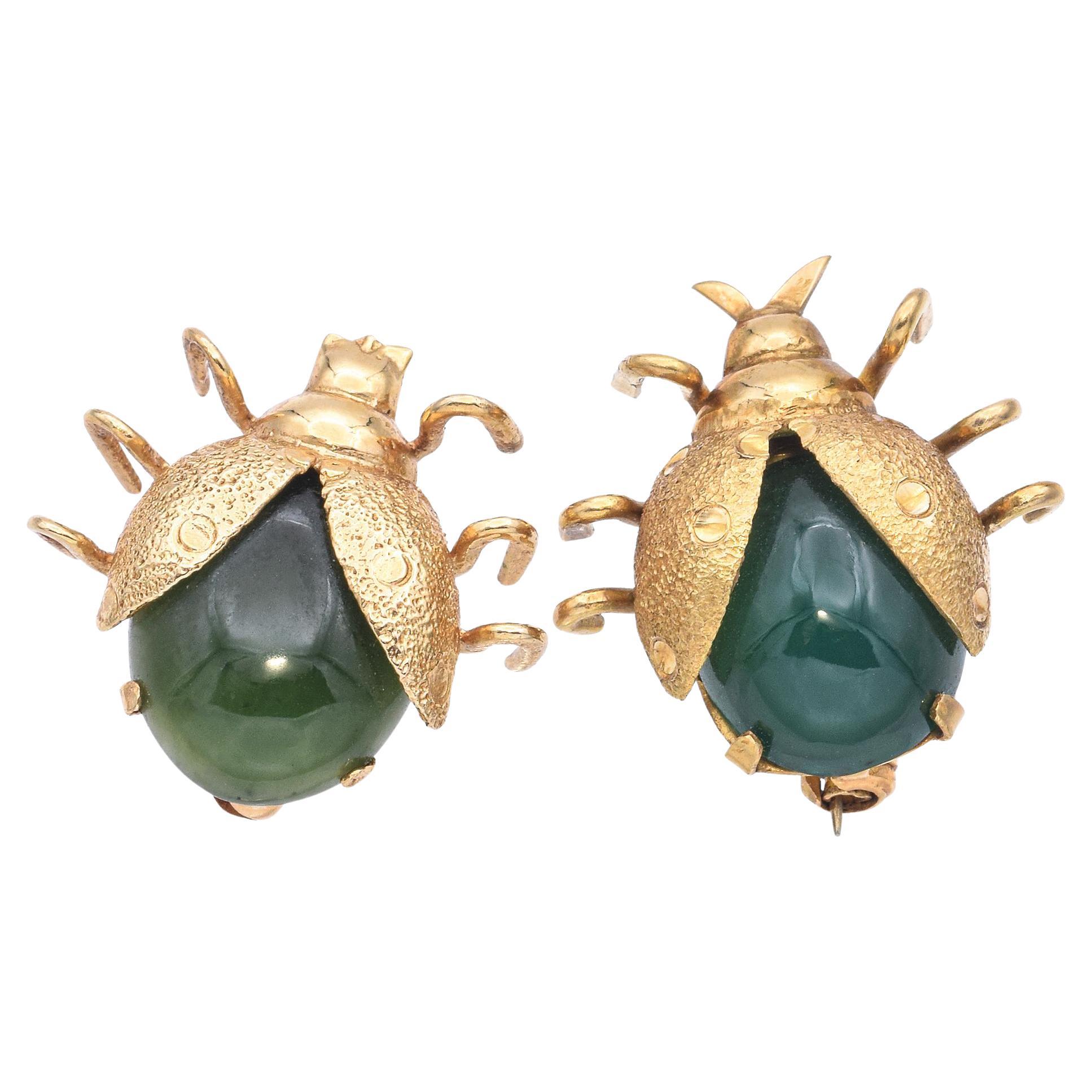 Lot of 2 Vintage 14K Yellow Gold Jade and Chalcedony Lady Bug Brooches