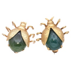 Lot of 2 Vintage 14K Yellow Gold Jade and Chalcedony Lady Bug Brooches