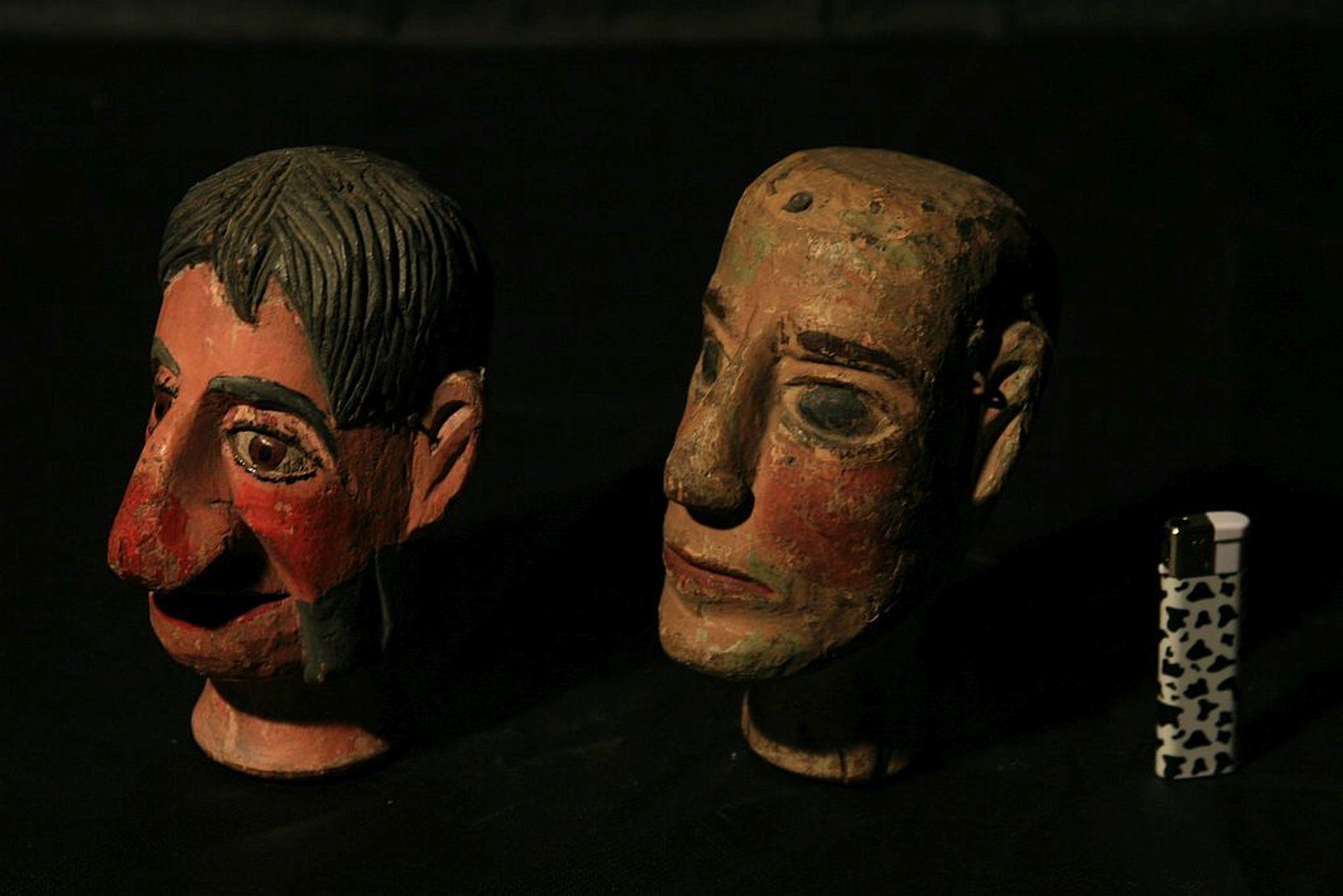 Hand-Painted Lot of 20 19th Century Marionette Wooden Heads For Sale