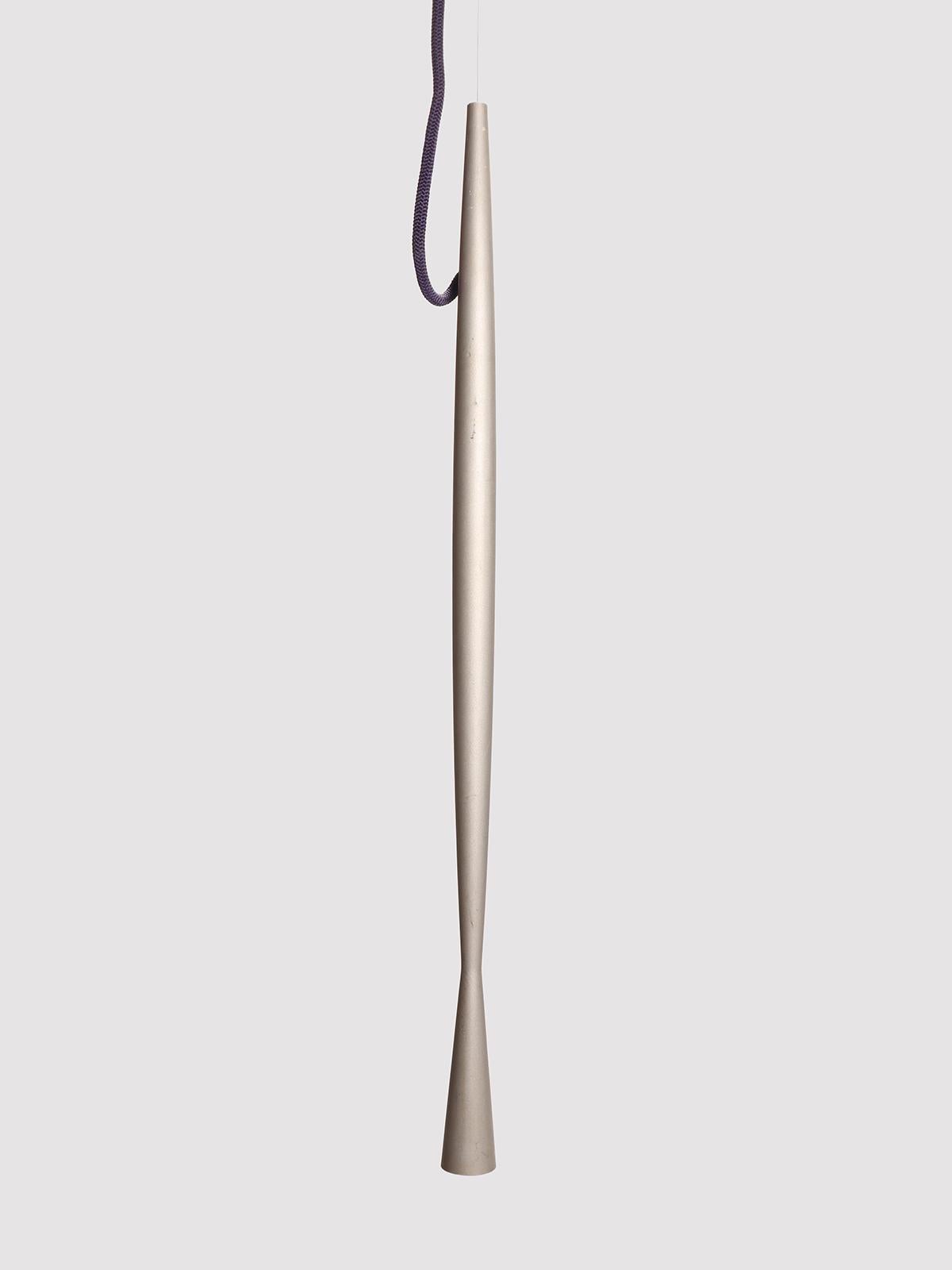 A lot of 20 hanging pendant lamps in textured steel and purple braided cord by Philippe Starck, for the Paramount Hotel. This fixture was exclusive to the Paramount Hotel in Manhattan. New York 1990.