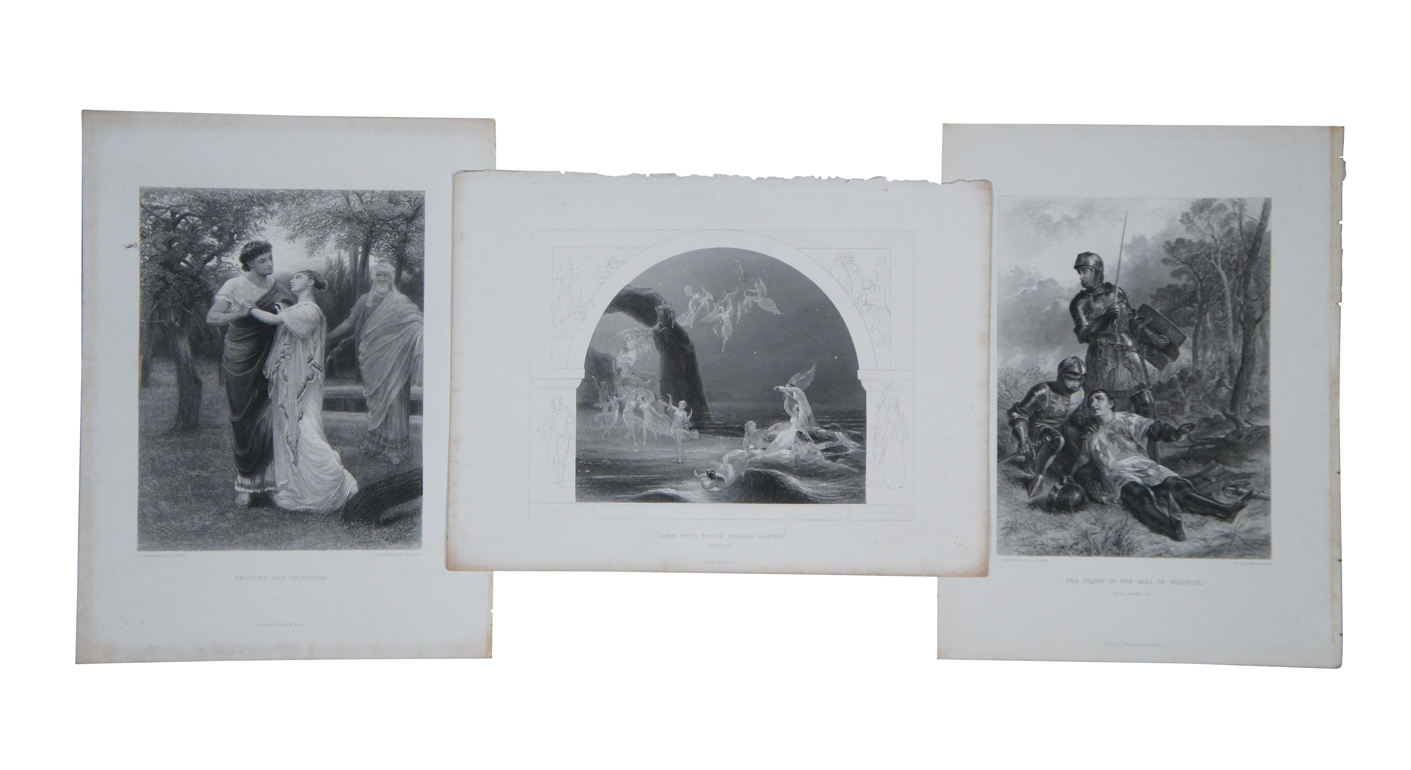Lot de 23 gravures en noir et blanc de la fin du XIXe siècle et du début du XXe siècle représentant des scènes des pièces de William Shakespeare. Les planches sont tirées de The Works of Shakespeare Imperial Edition publié par Virtue & Company,