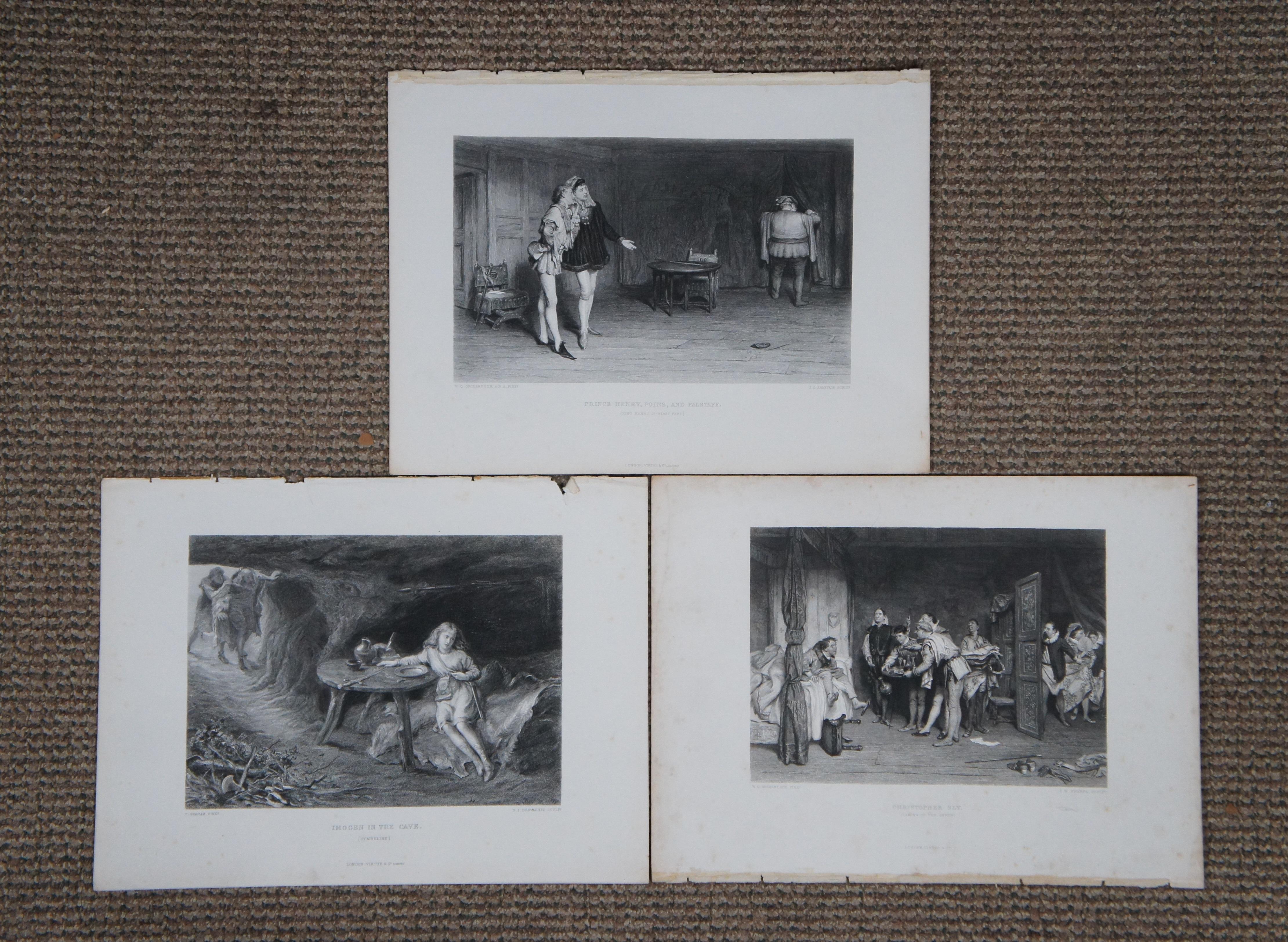 Papier Lot de 23 gravures anciennes de scènes de théâtre de Shakespeare de 14 pouces en vente