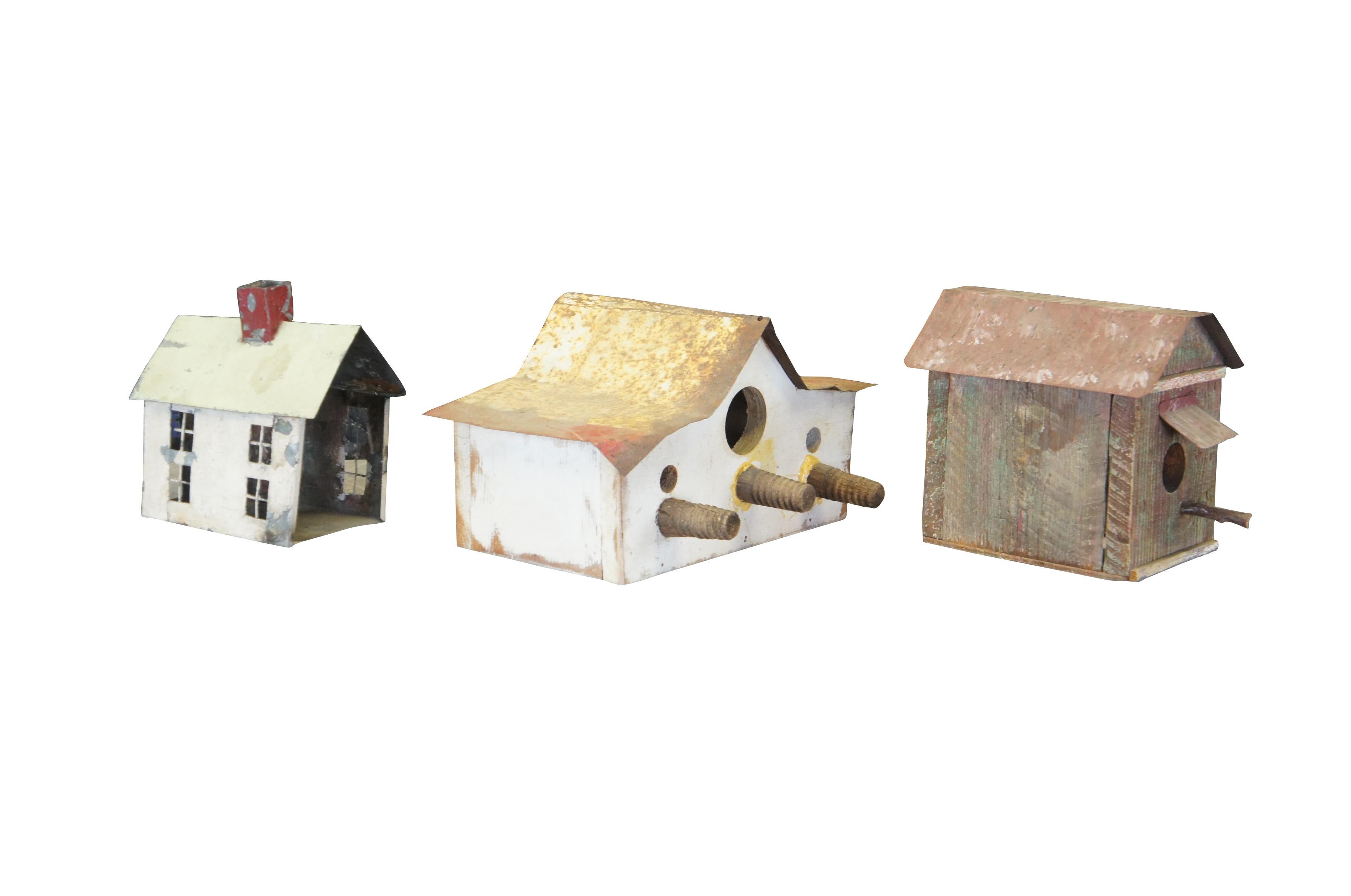 Country Lot of 3 Handmade Vintage Artisanal Folk Art Wood Birdhouses Metal Roof Feeder For Sale