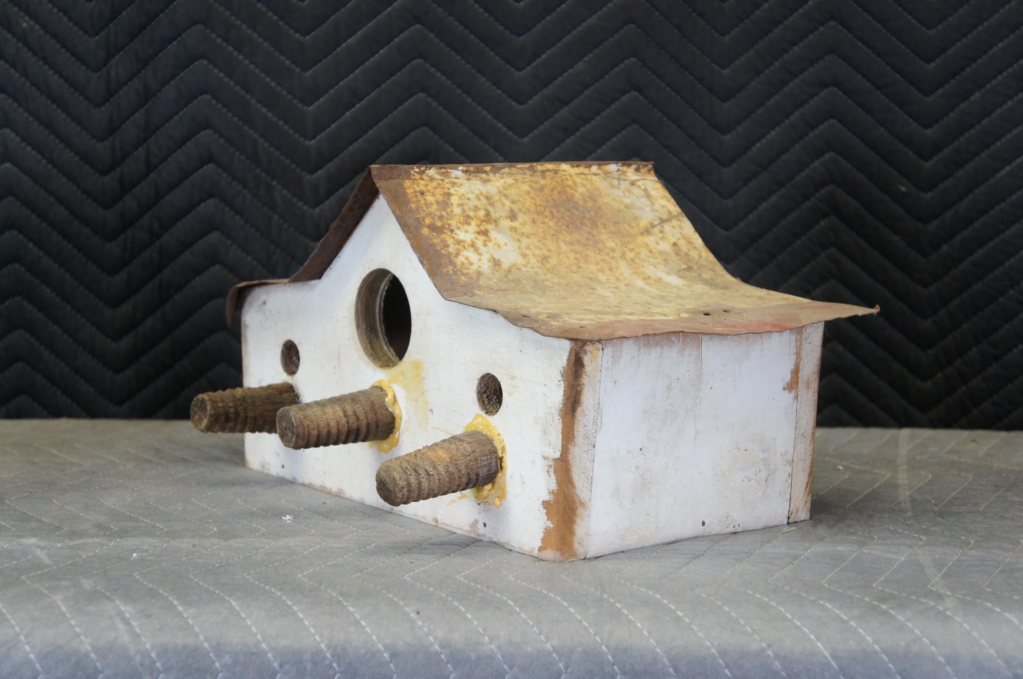 Lot of 3 Handmade Vintage Artisanal Folk Art Wood Birdhouses Metal Roof Feeder For Sale 3