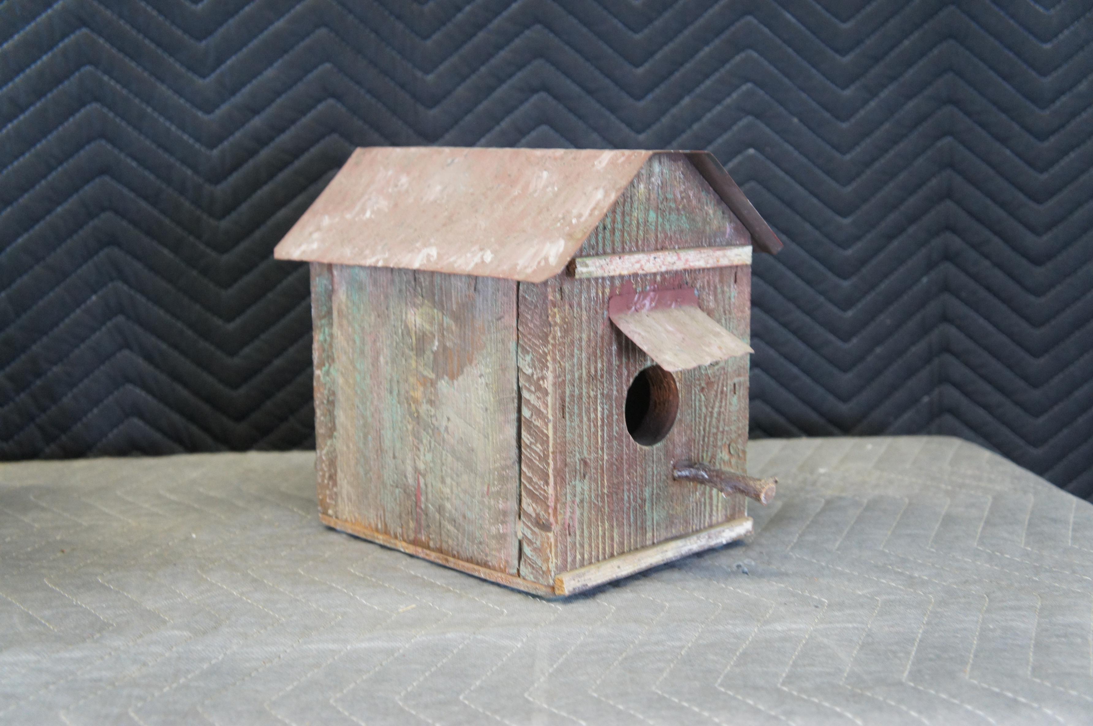 Lot of 3 Handmade Vintage Artisanal Folk Art Wood Birdhouses Metal Roof Feeder For Sale 4