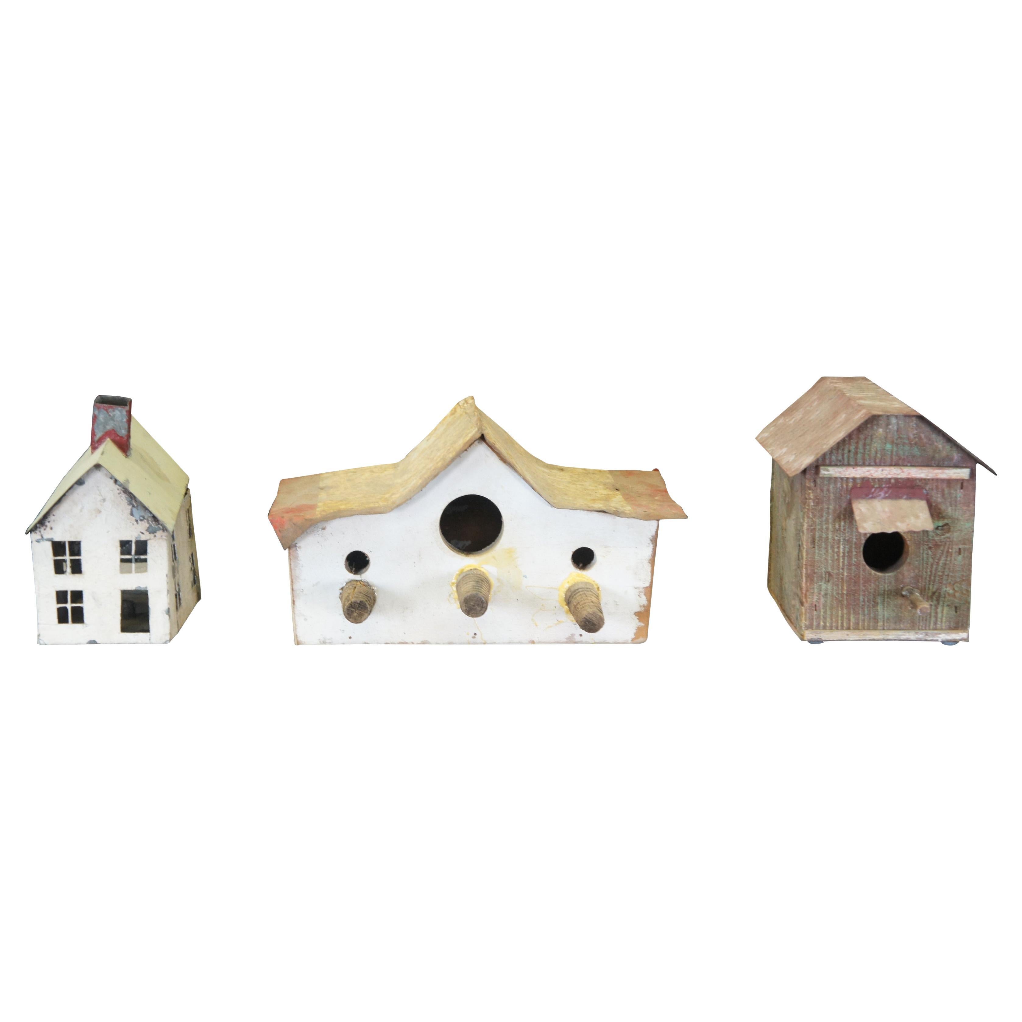 Lot of 3 Handmade Vintage Artisanal Folk Art Wood Birdhouses Metal Roof Feeder