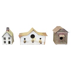 Lot of 3 Handmade Vintage Artisanal Folk Art Wood Birdhouses Metal Roof Feeder