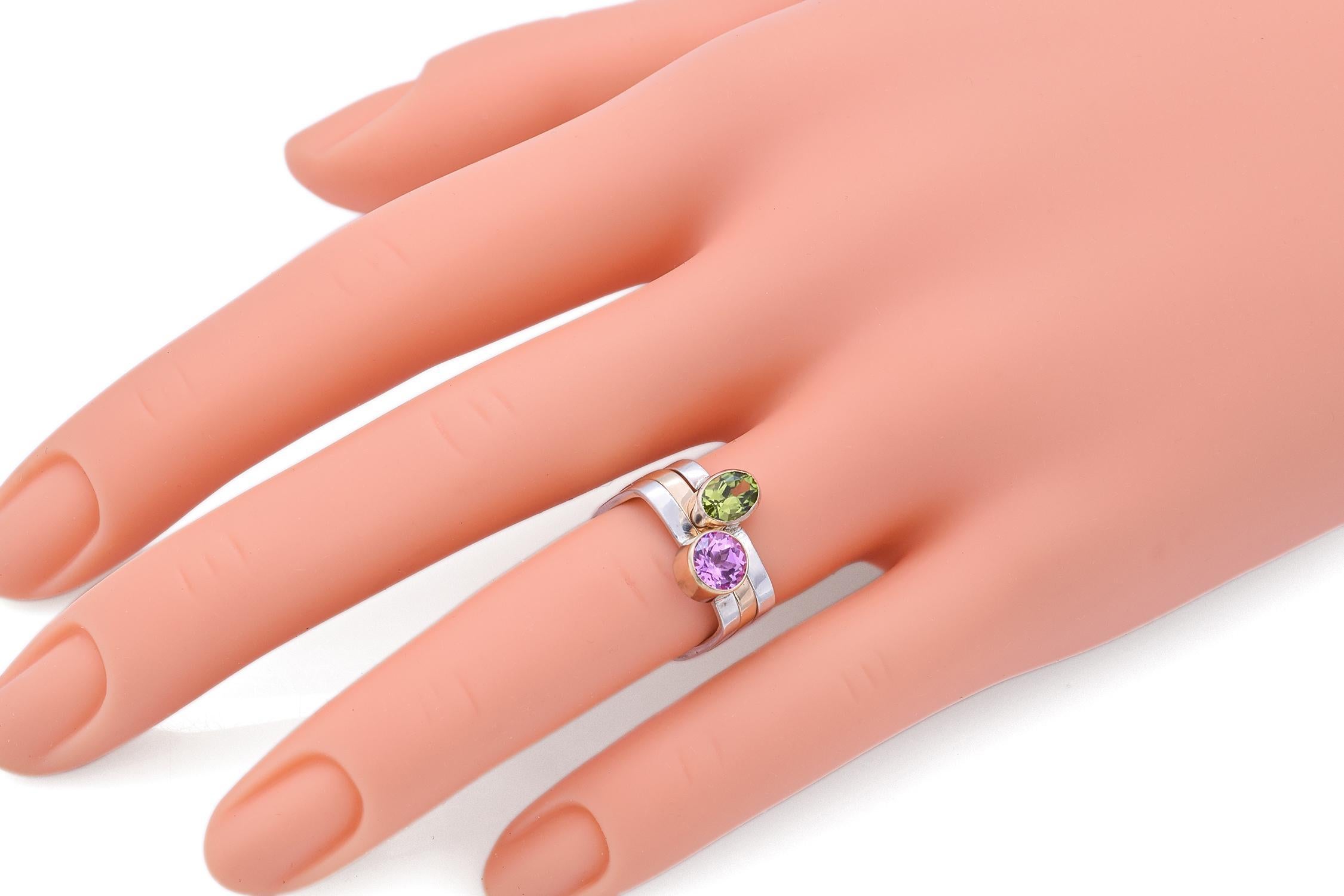 Donna Lotto di 3 anelli quadrati in argento e oro 14K con peridoto e zaffiro rosa, misura 5,75 in vendita