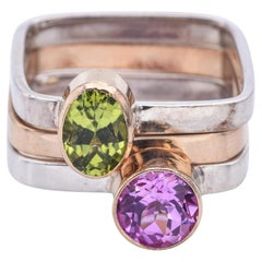 Lot of 3 quadratische Ringe aus Silber & 14K Gold Peridot & rosa Saphir Größe 5,75
