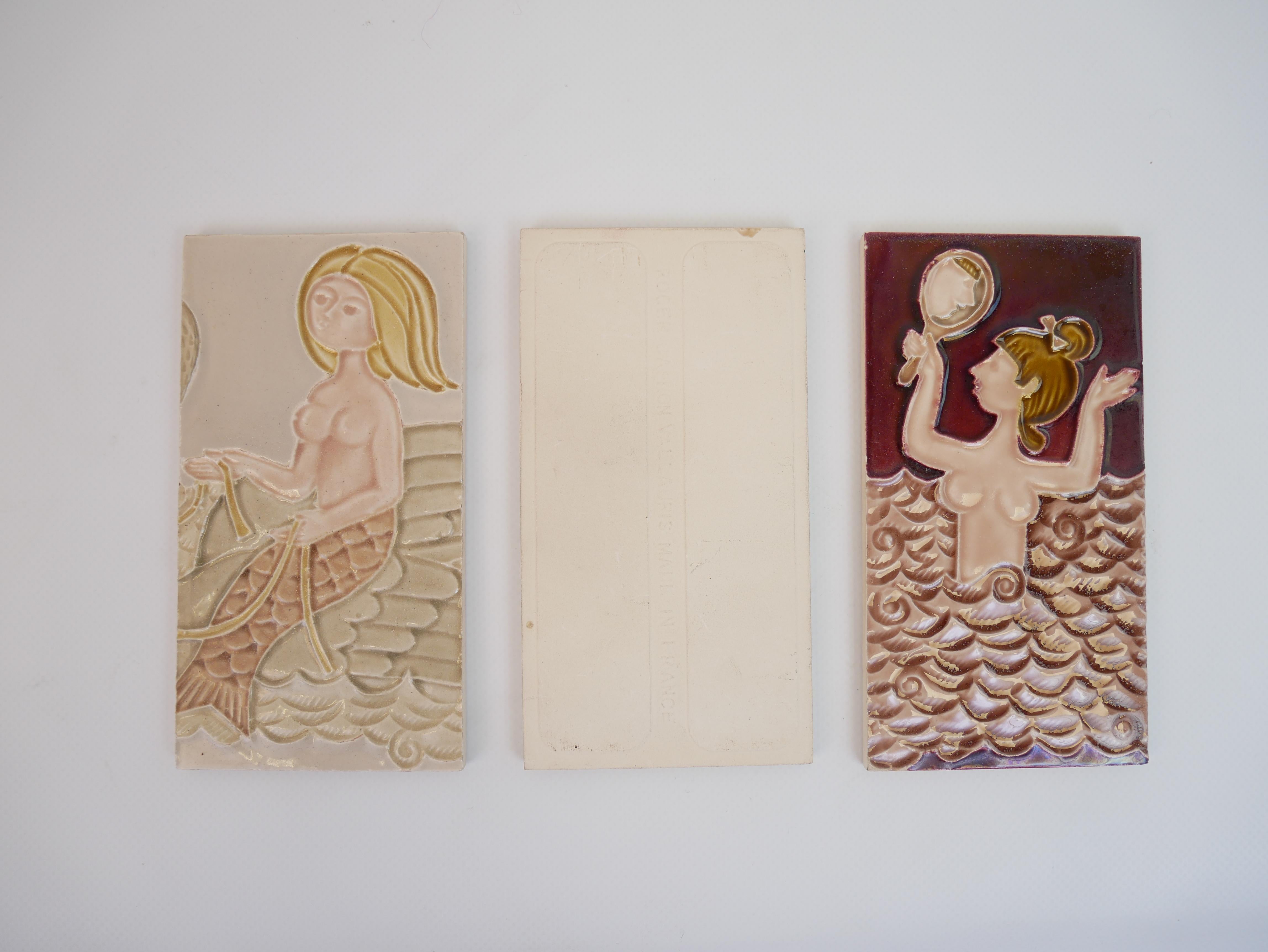 Lot de 3 carreaux très rares représentant des sirènes de Roger Capron Bon état - En vente à NICE, FR