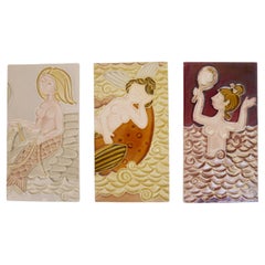Lot of 3 very rare Roger Capron tiles representing mermaids