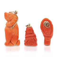 Lot of 3 Vintage Yellow Gold Hand Carved Coral Dog Buddha Lady Pendants