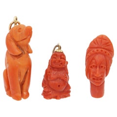Lot of 3 Vintage Yellow Gold Hand Carved Coral Dog Buddha Lady Pendants