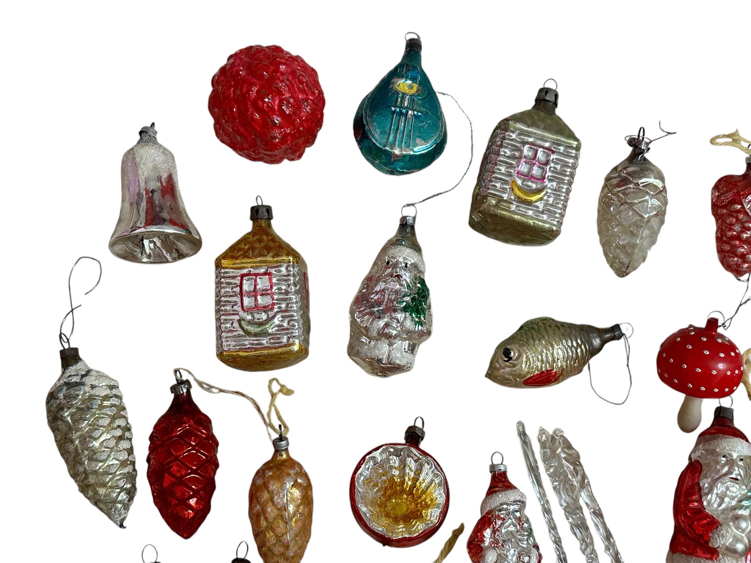 Folk Art Lot of 34 Mercury Glass Christmas Ornaments, Vintage German, 1910s - 1930s For Sale