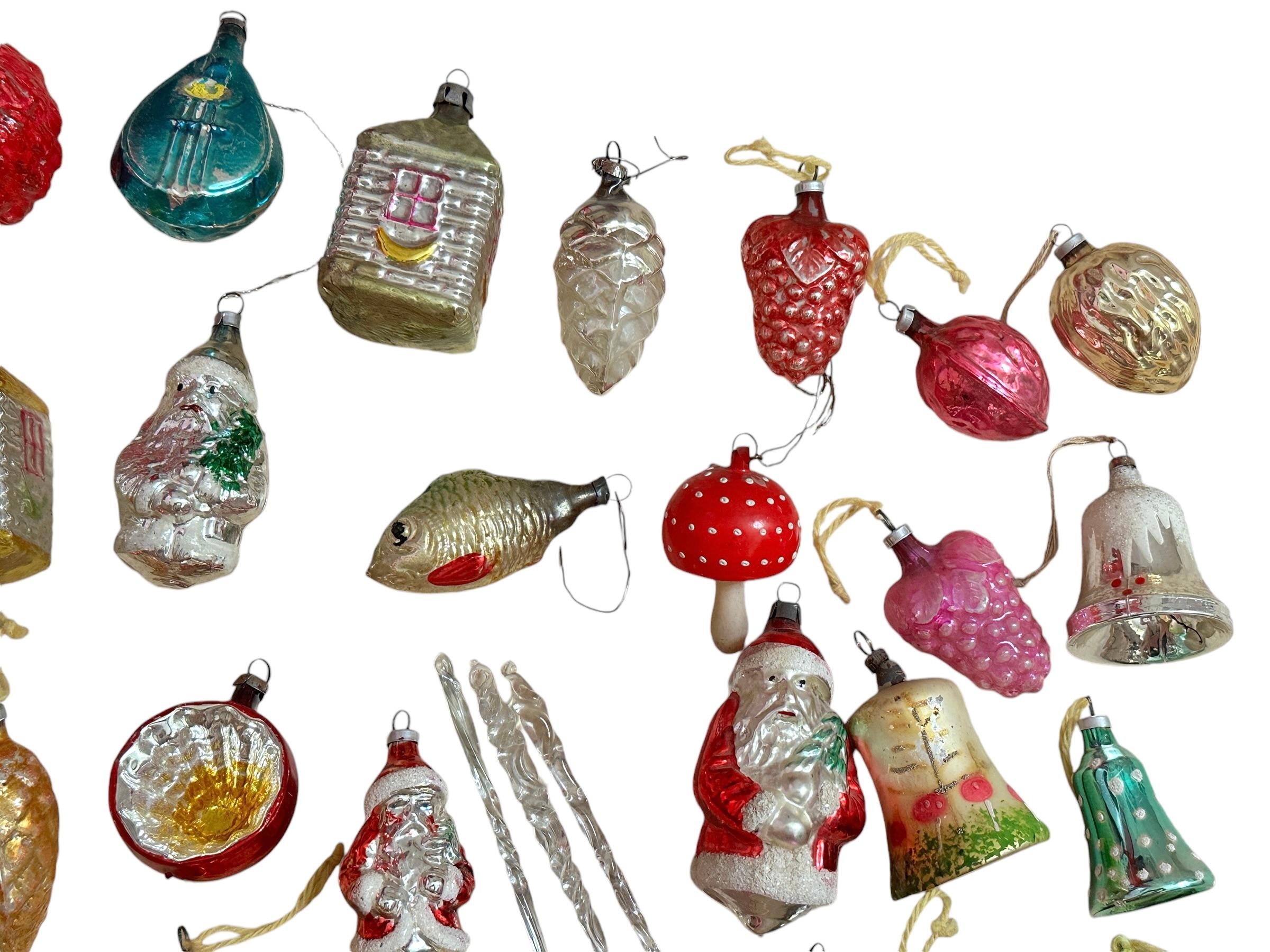 Hand-Crafted Lot of 34 Mercury Glass Christmas Ornaments, Vintage German, 1910s - 1930s For Sale