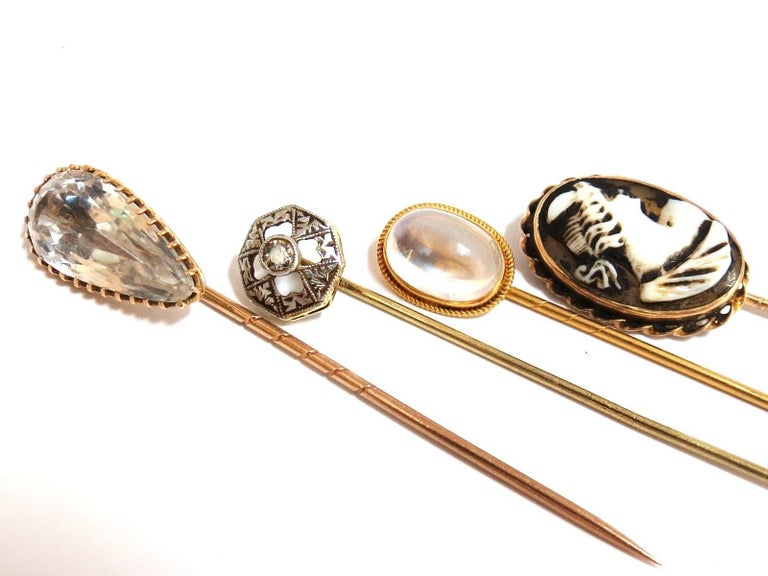 Lot Of (4) 14KT Antique Hat Pins Collector Classic Cameo, Moonstone, Edwardian at 1stDibs