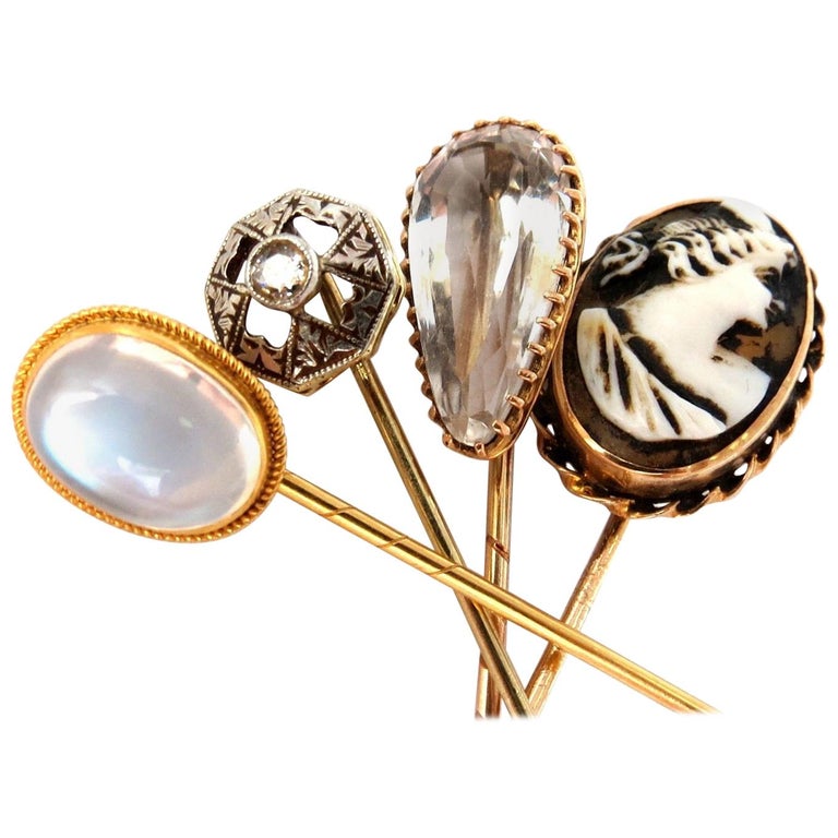 Lot Of (4) 14KT Antique Hat Pins Collector Classic Cameo, Moonstone