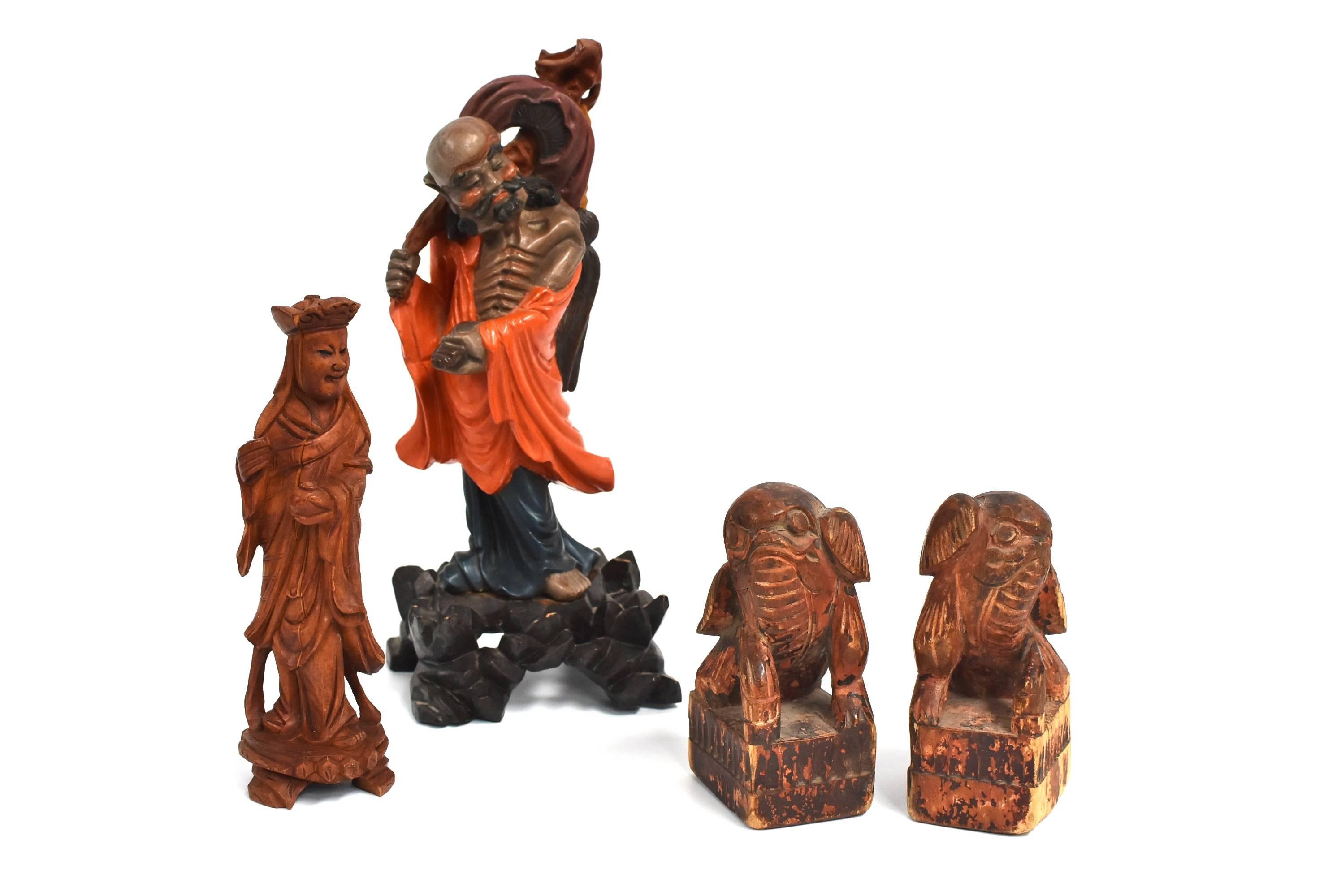 Lot of Four Antique and Vintage Chinese Wood Sculptures, Hand-Carved 16