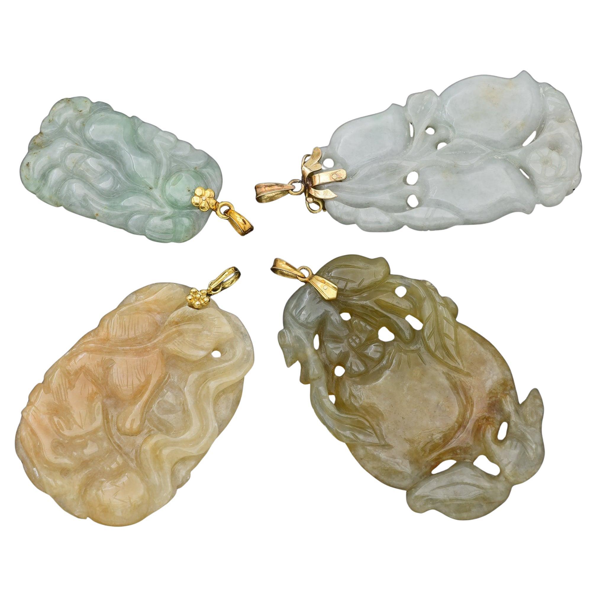 Lot of 4 Vintage 14K Yellow Gold Green & Red Jade Carved Floral Fruit Pendants