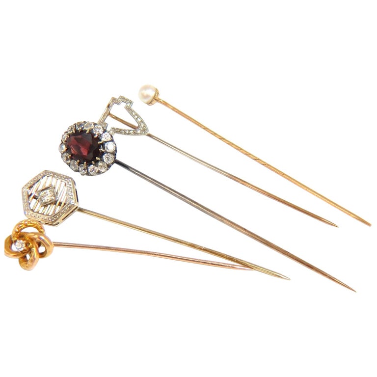Lot of (5) 14 Karat Antique Hat Pins Collector Diamonds, Pearl, Edwardian For Sale at
