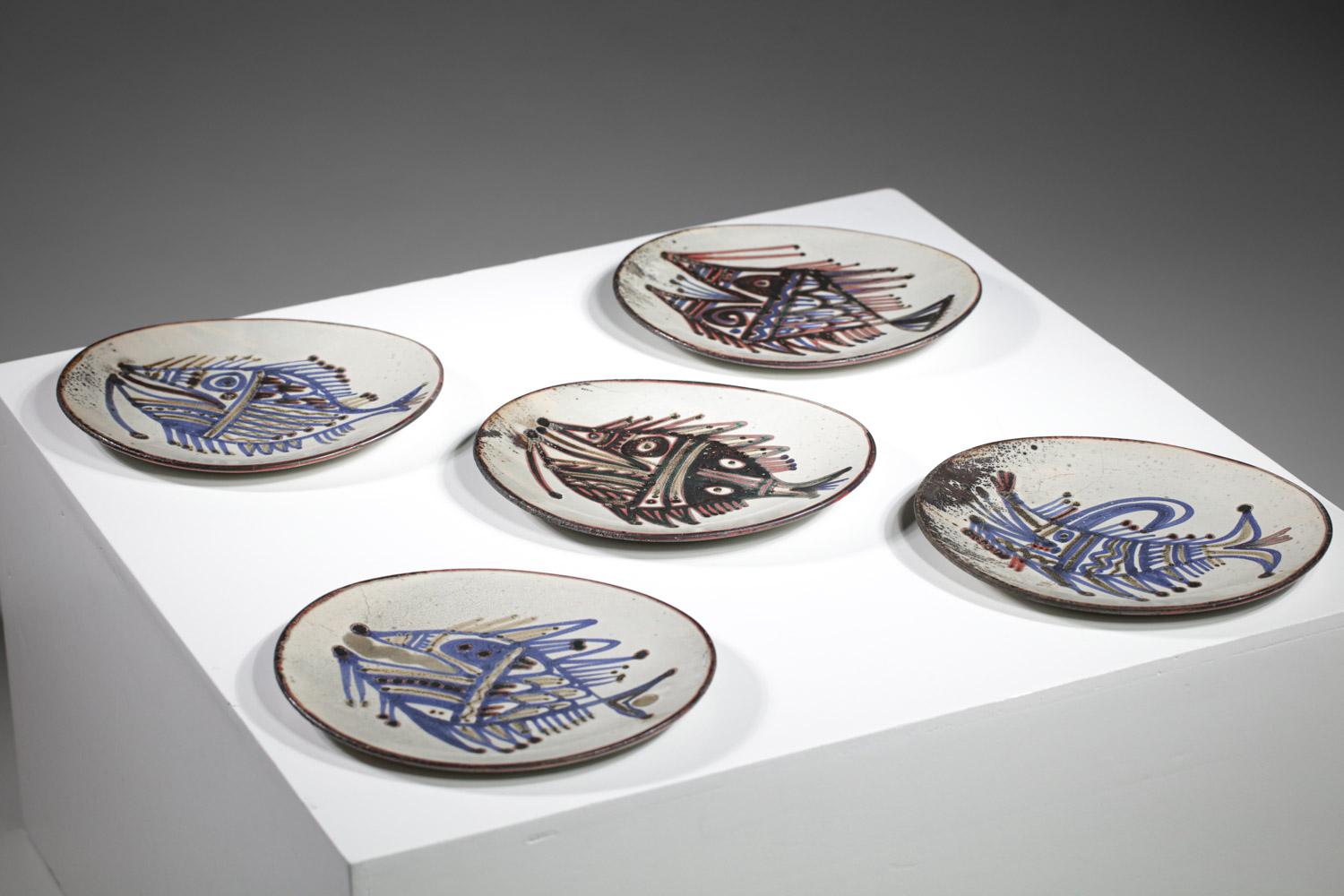 Mid-20th Century Lot of 5 Ceramic Plates Jean Derval Portal Workshop Vallauris 60s For Sale
