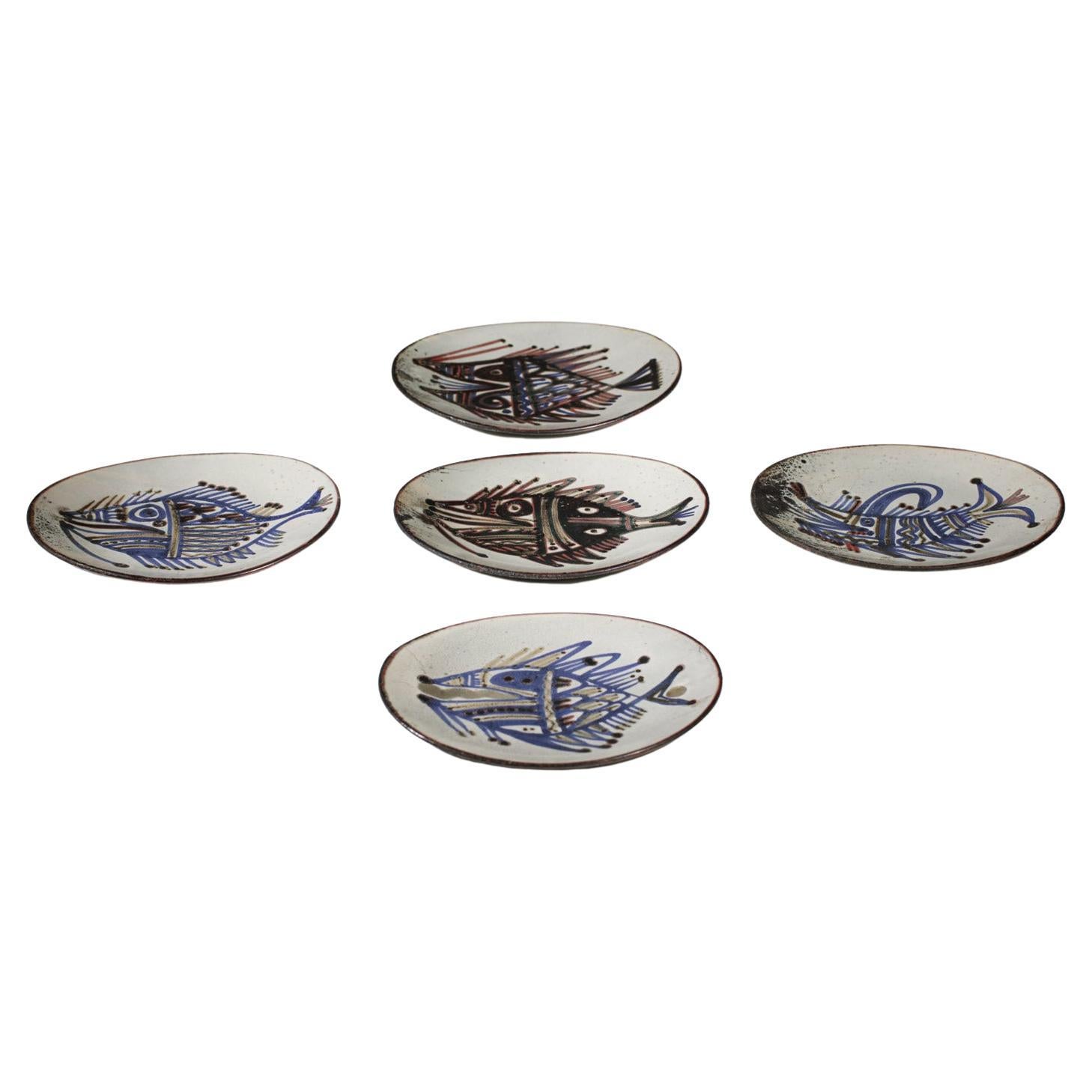 Lote de 5 Platos de Cerámica Jean Derval Taller Portal Vallauris Años 60