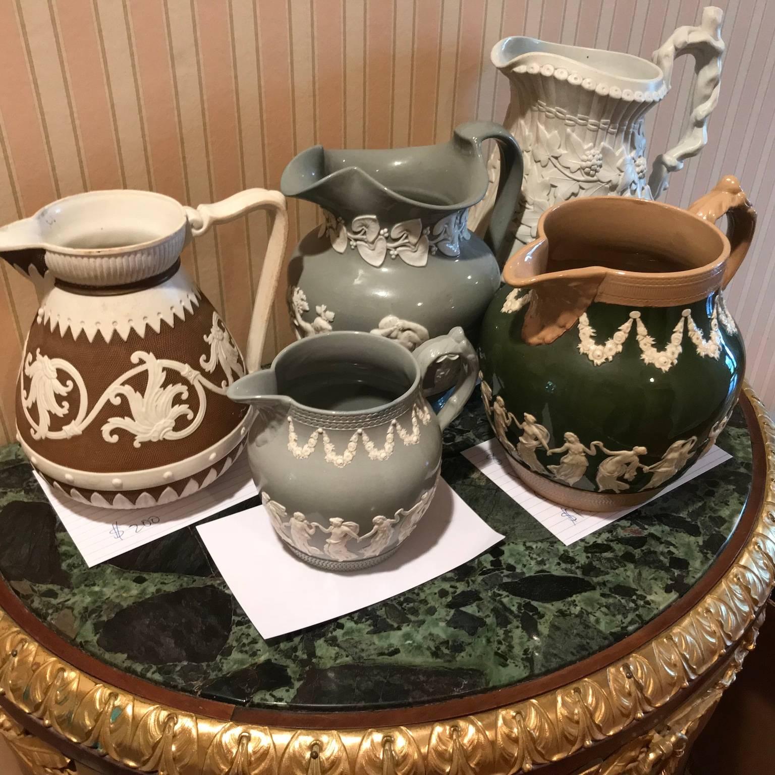 English Lot of Five Mid-19th CenturyRelief Pitchers or Jugs by Cobridge & Copelands